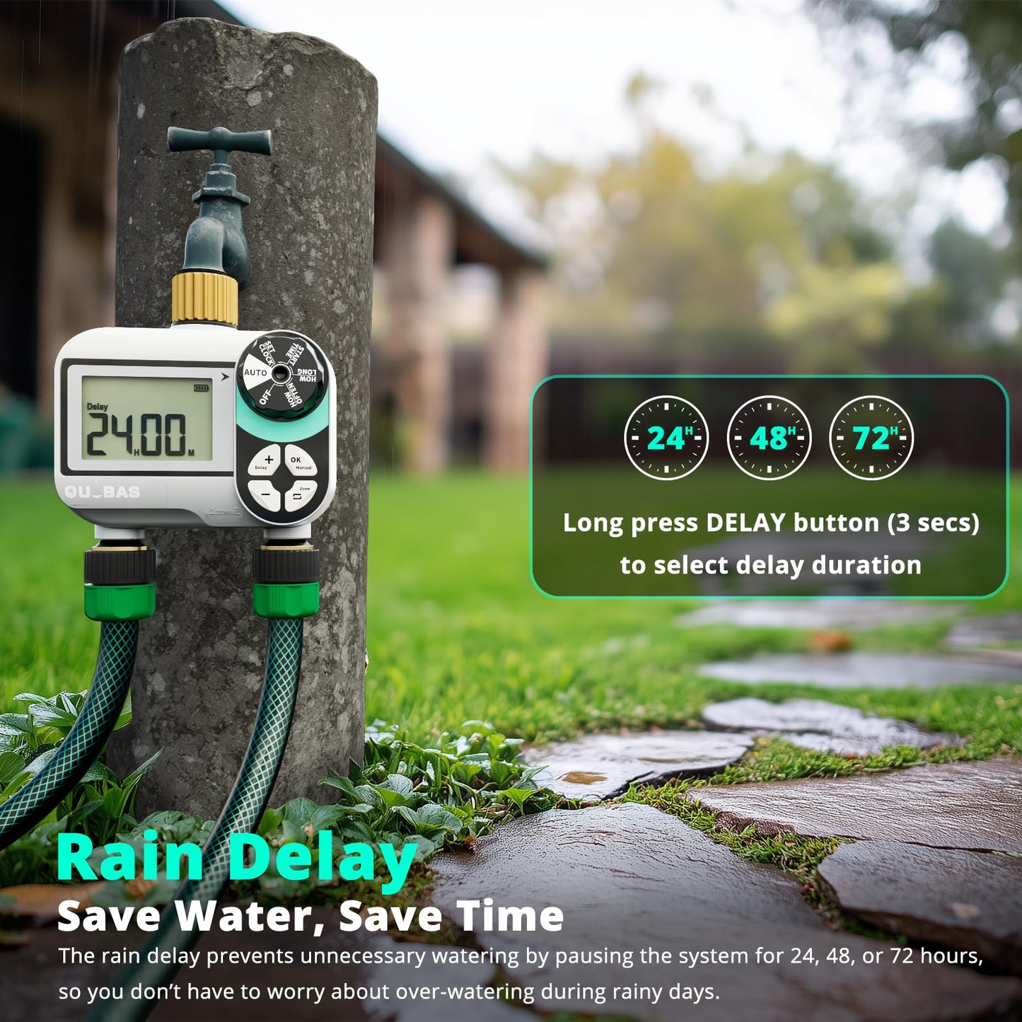 QUOBAS 2 Zone Sprinkler Timer, Programmable Hose Timer with Brass Inlet & Outlet, Water Timer for Garden Hose with Rain Delay/Manual Watering/Automatic Irrigation Controller System for Yard, Lawn