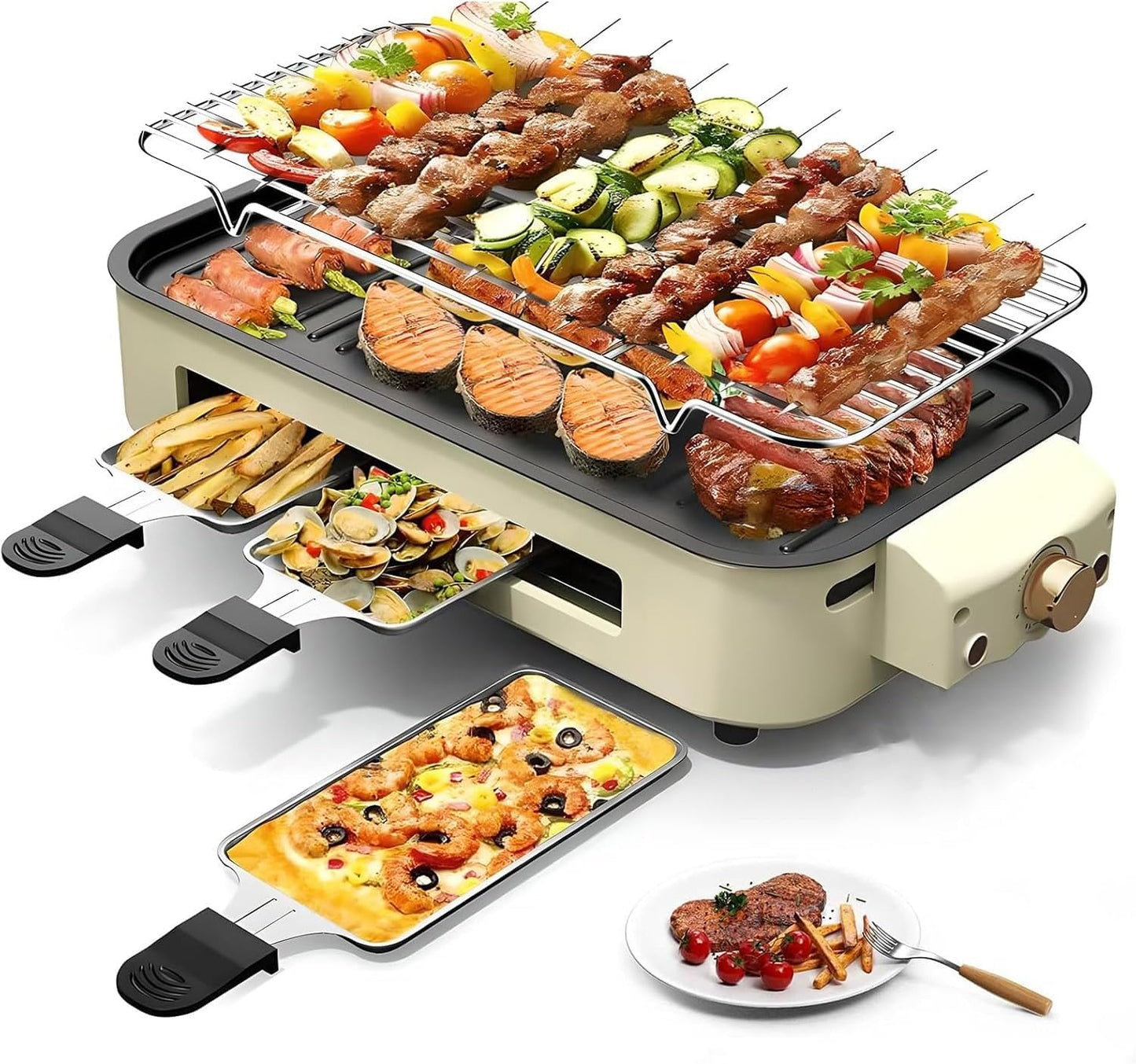 Multifunction Electric Barbecue, 1500W Electric Smokeless Barbecue Grill with Grill Net & 3 Non-stick Cooking Plate, Skewers Machine with Adjustable Temperature Control, Dishwasher Safe