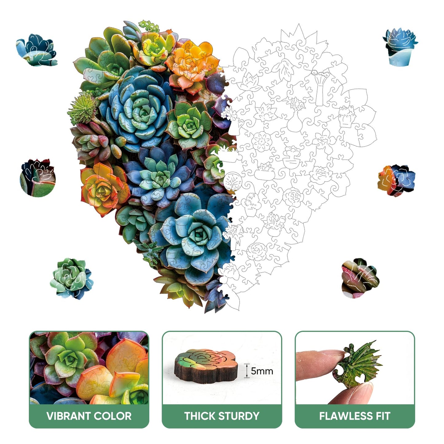Heart Succulent Wooden Puzzles for Adults, 200 Piece Unique Shaped Wood Jigsaw Puzzles for Adults and Kids, Fun Challenging Puzzles Family Game Gift, Medium 11.7'' x 11.2''