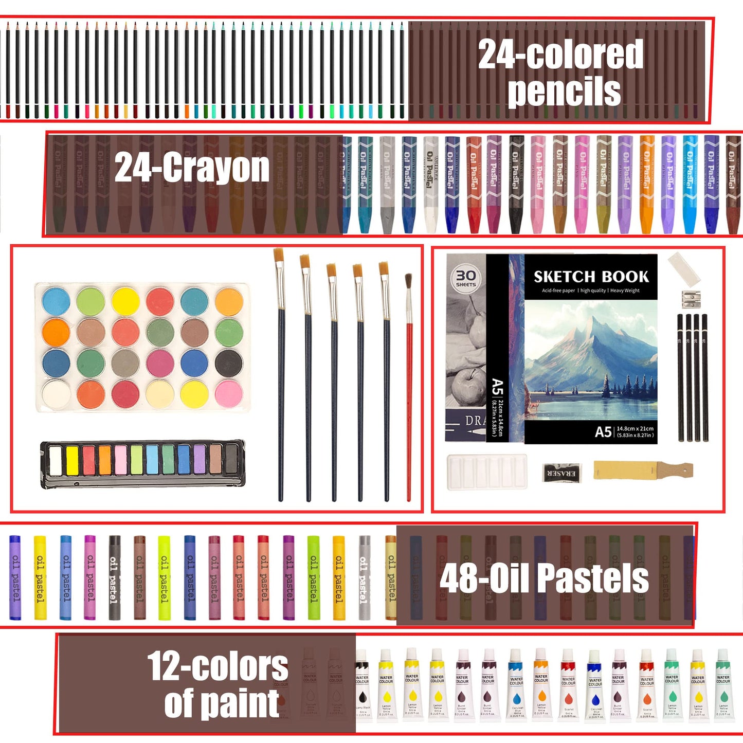 KINSPORY Art Supplies, 168-Pack Deluxe Creative Christmas Gift, Wooden Art Set Crafts Drawing Painting Coloring Kit with 1 Coloring Book, 2 Sketch Pads for Artist Beginners Kids Girls Boys (Deep Brown)