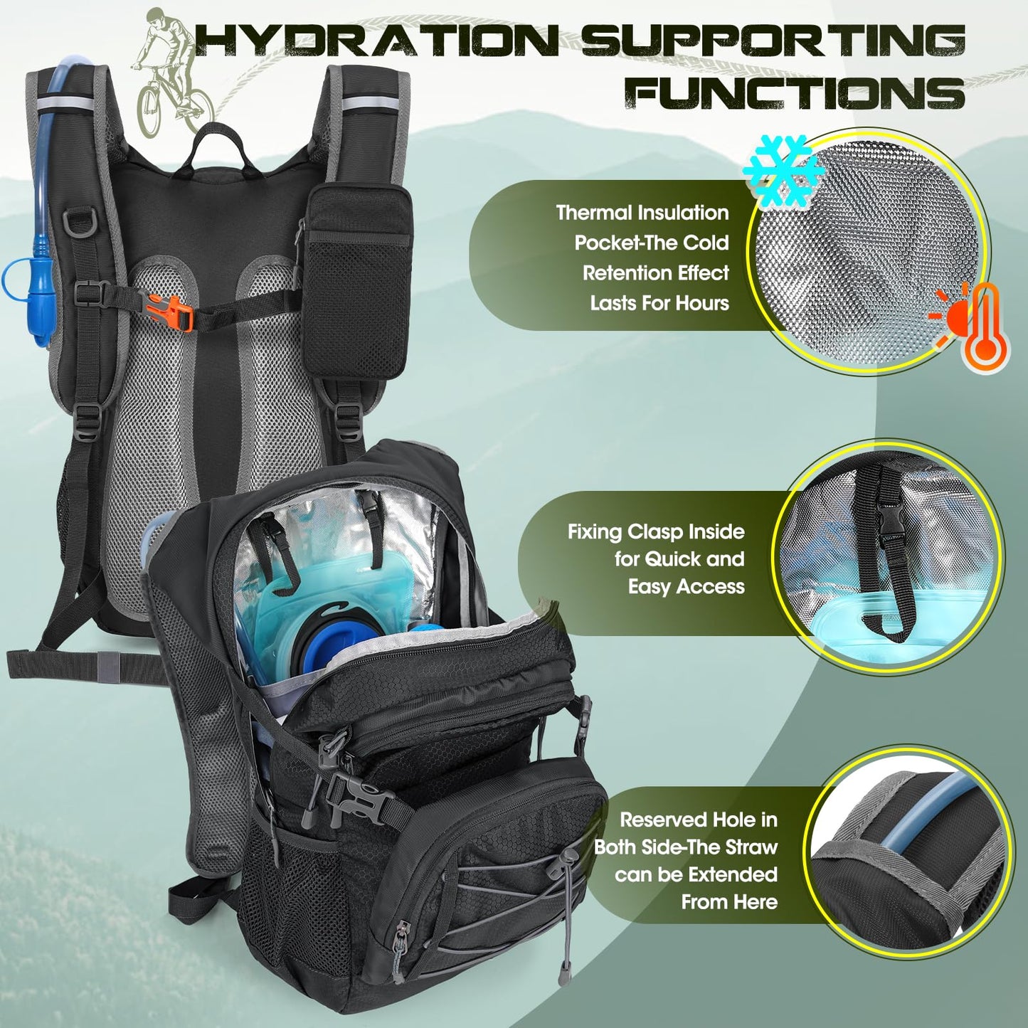 Hydration Backpack with 2L Water Bladder, Lightweight Water Backpack for Women&Men Small Insulated Hiking Backpacks with Rain Cover 18L Hydration Pack for Hiking, Running, Cycling, Biking,Black