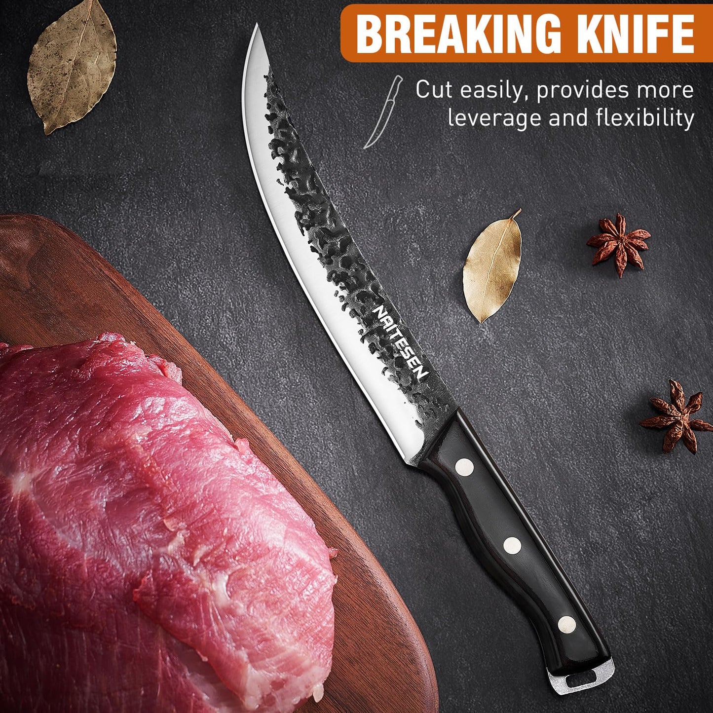 Naitesen Professional Butcher Knife Set 3, Bullnose Meat Cleaver Breaking Knife Boning Knife Hand Forged Very Sharp for Meat Cutting Home Kitchen Cooking BBQ