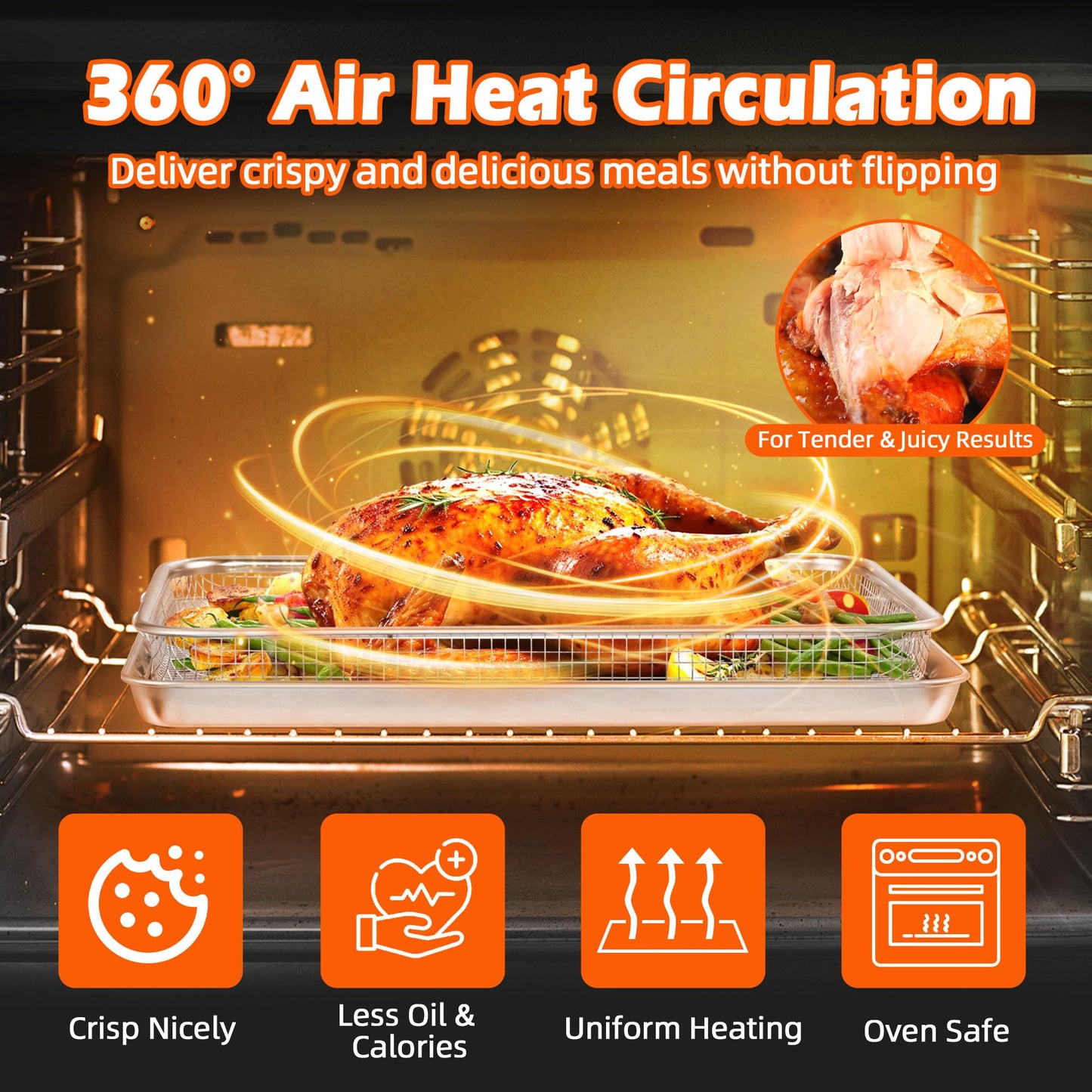 TeamFar Air Fryer Tray and Basket, 16”x12” Stainless Steel Air Fryer Basket for Oven, Oven Rack with Baking Pan for Cooking Baking Broiling Grilling, Heavy Duty & Dishwasher Safe