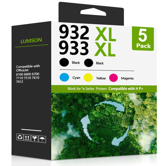 932XL 933XL Ink Cartridges Combo Pack (5 Pack, 2Black / 1Cyan / 1Magenta / 1Yellow) - Compatible 932XL 933XL Ink Cartridge Replacement for HP Officejet 6100 6600 6700 7110 7610 7612 Printer