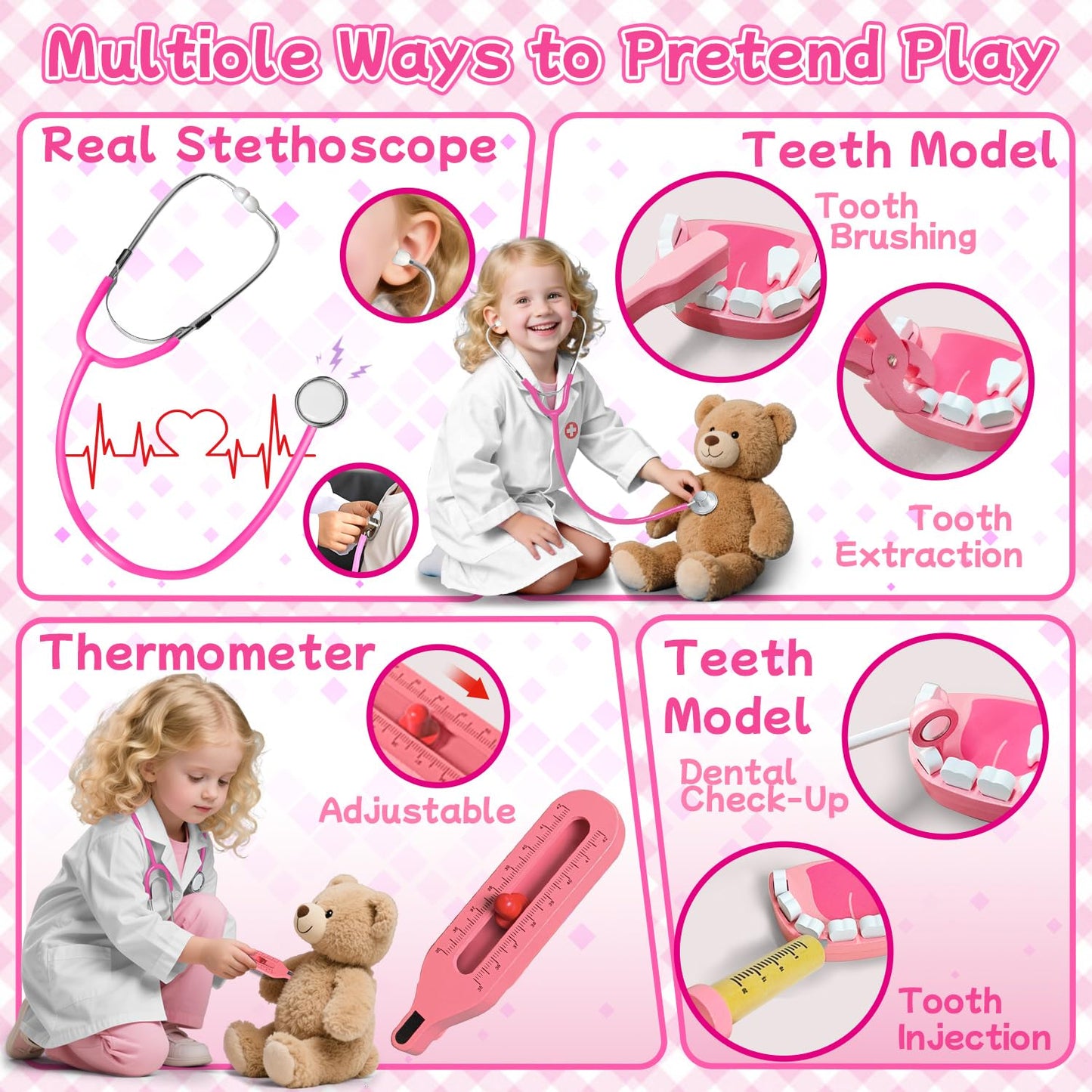 XZZO Doctor Kit for Kids, Pretend Play Dentist Set for Toddlers with Medical Bag & Real Stethoscope, Realistic Wooden Medical Kit Role Play Set, Gifts for Boys Girls 3+ Years