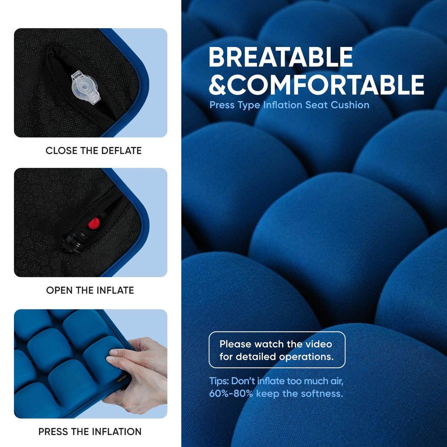 Hexara Ergonomic 3D Air Seat Cushion, Inflatable Airplane Seat Cushion for Long Flights, Travel Cushions for Office Chair, Car, Wheelchair, Adjustable Comfort with Built-in Air Pump(Blue)