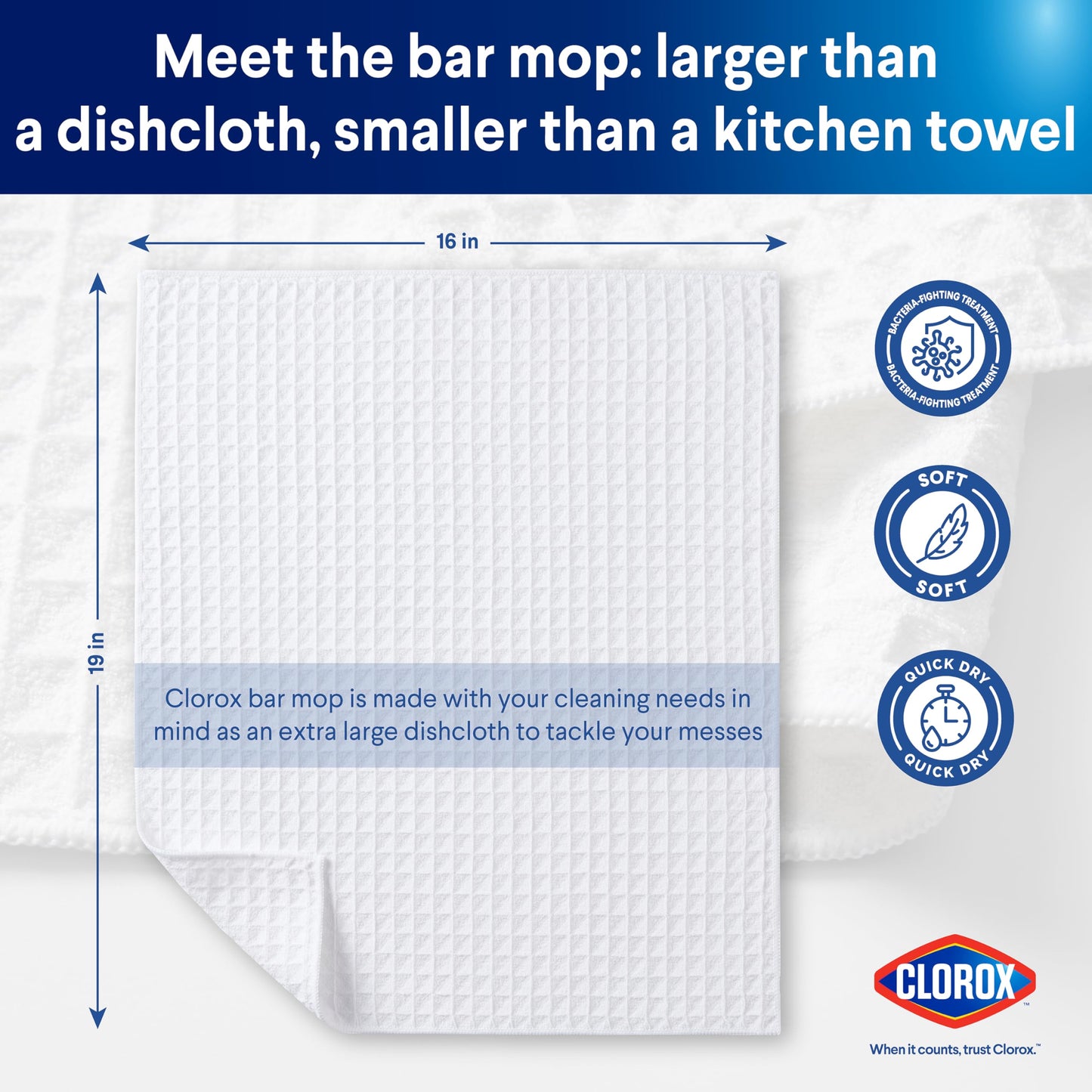 CLOROX Waffle Bar Mops - Microfiber Quick Dry Dishcloths - Absorbent Multipurpose Cleaning Cloths for Restaurants, Kitchen, Bathroom, Hotel - 16" x 19" - White 6 Pack