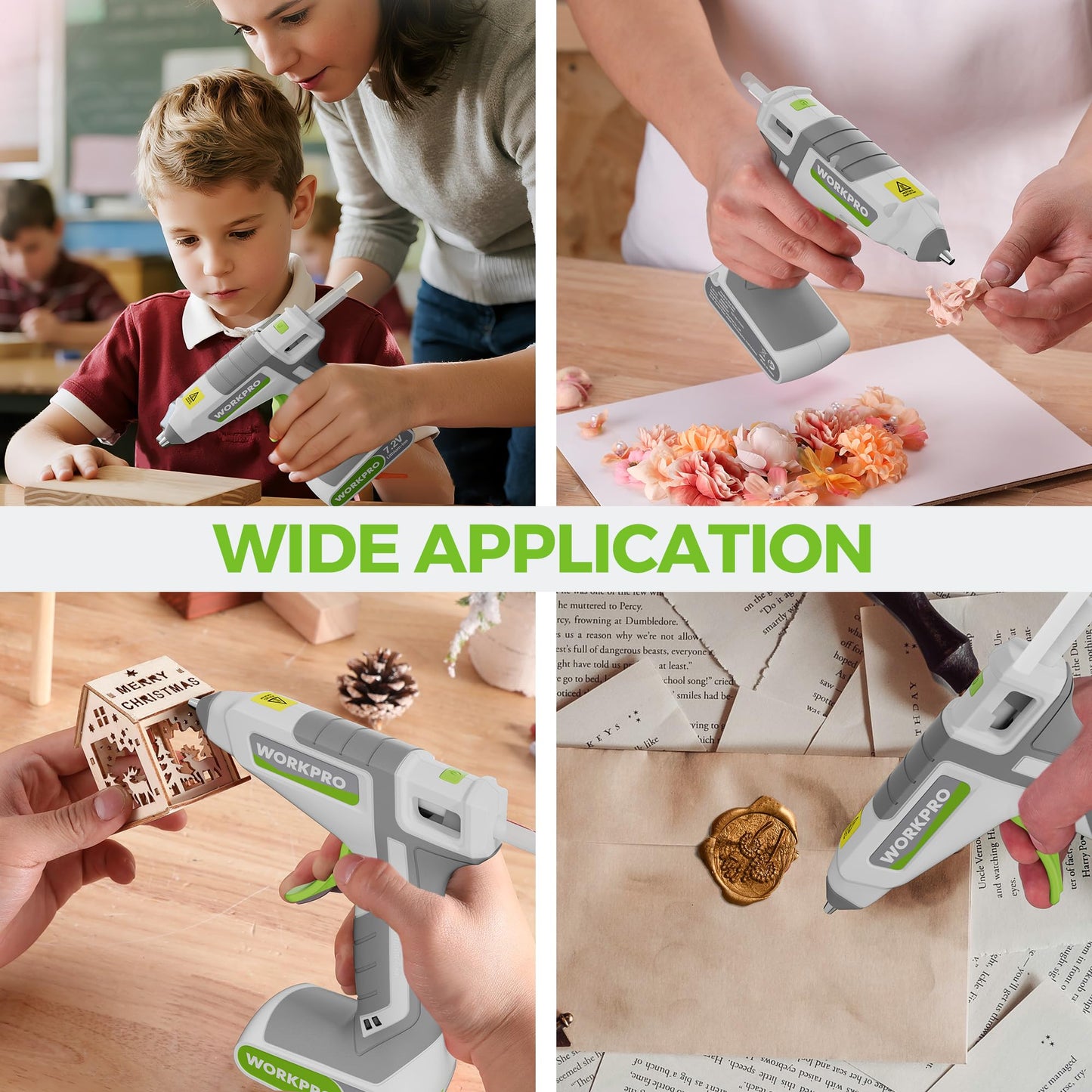 WORKPRO Cordless Hot Melt Glue Gun, 7.2V Rechargeable Fast Preheating Glue Gun Kit with 20 Pcs Premium Mini Glue Stick, Use While Charging, Automatic-Power-Off Glue Gun for Art, Craft, Decoration