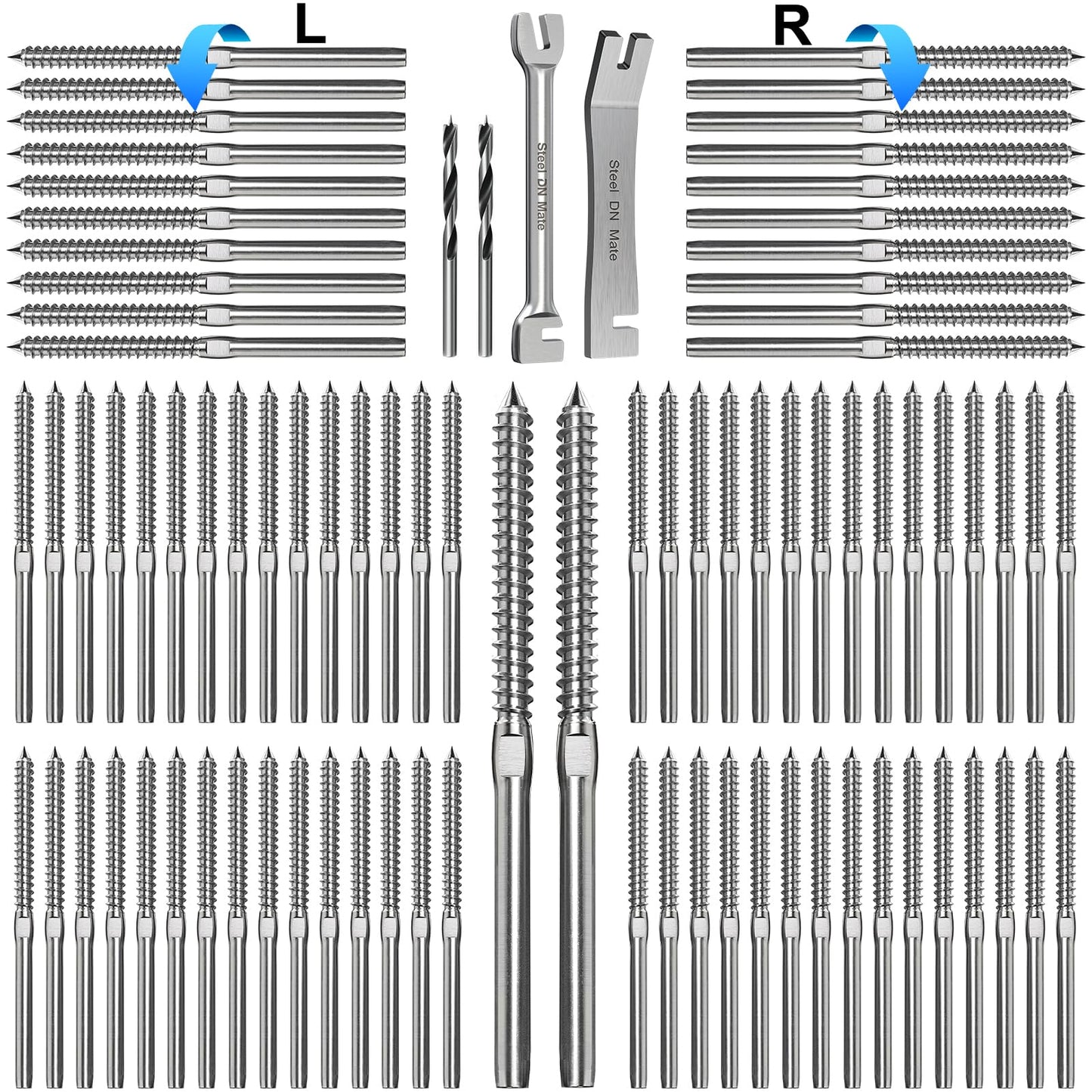 Steel DN Mate 100 Pack T316 Stainless Steel Right&Left Handed Thread Swage Lag Screws for Wood Post of 1/8" Steel Cable Railing Kit, Cable Railing Hardware, DIY Wood Baluster, Wrench Include, DM50