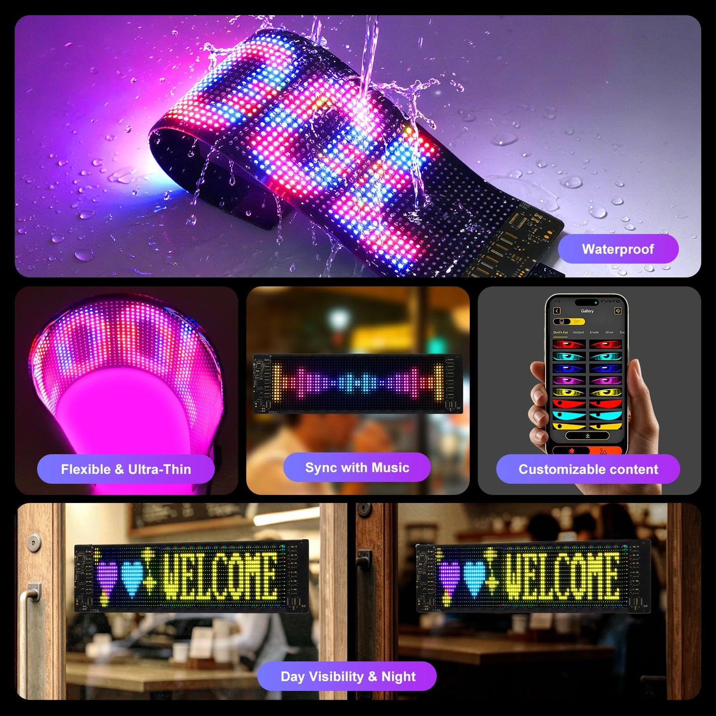 LUXONIC Super Brighter 34.8x10.2CM Scrolling LED Sign Display,USB 5V Flexible Programmable Screen with Bluetooth APP Control,Custom Text Pattern Animation, Waterproof RGB Signs for Car,Home,Store,Bar