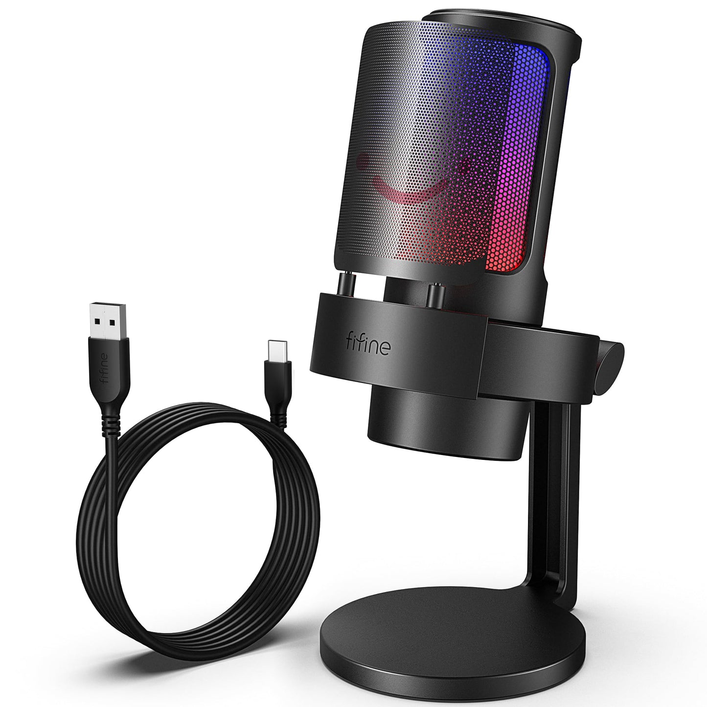 Fifine Gaming USB Microphone for PC, RGB Computer Podcast Mic for Recording, Condenser Streaming Mic with Tap-to-Mute, Gain Knob, Monitoring Jack, Light Control for Gamer Youtuber-A8