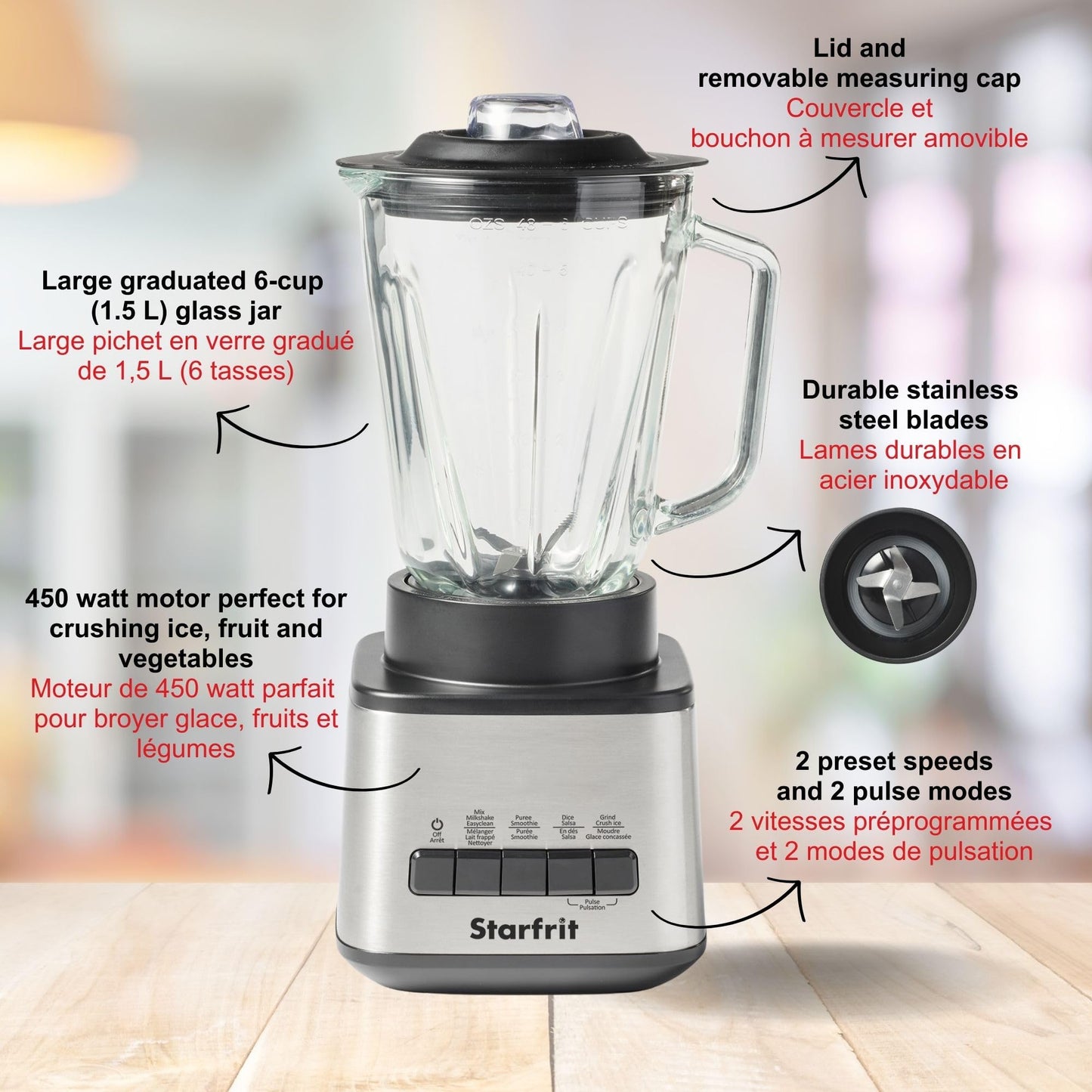 Starfrit 1.5L Blender - 450W with Stainless Steel Blades - 2 Speeds & Pulse Mode - Graduated Glass Pitcher - Non-Slip Feet