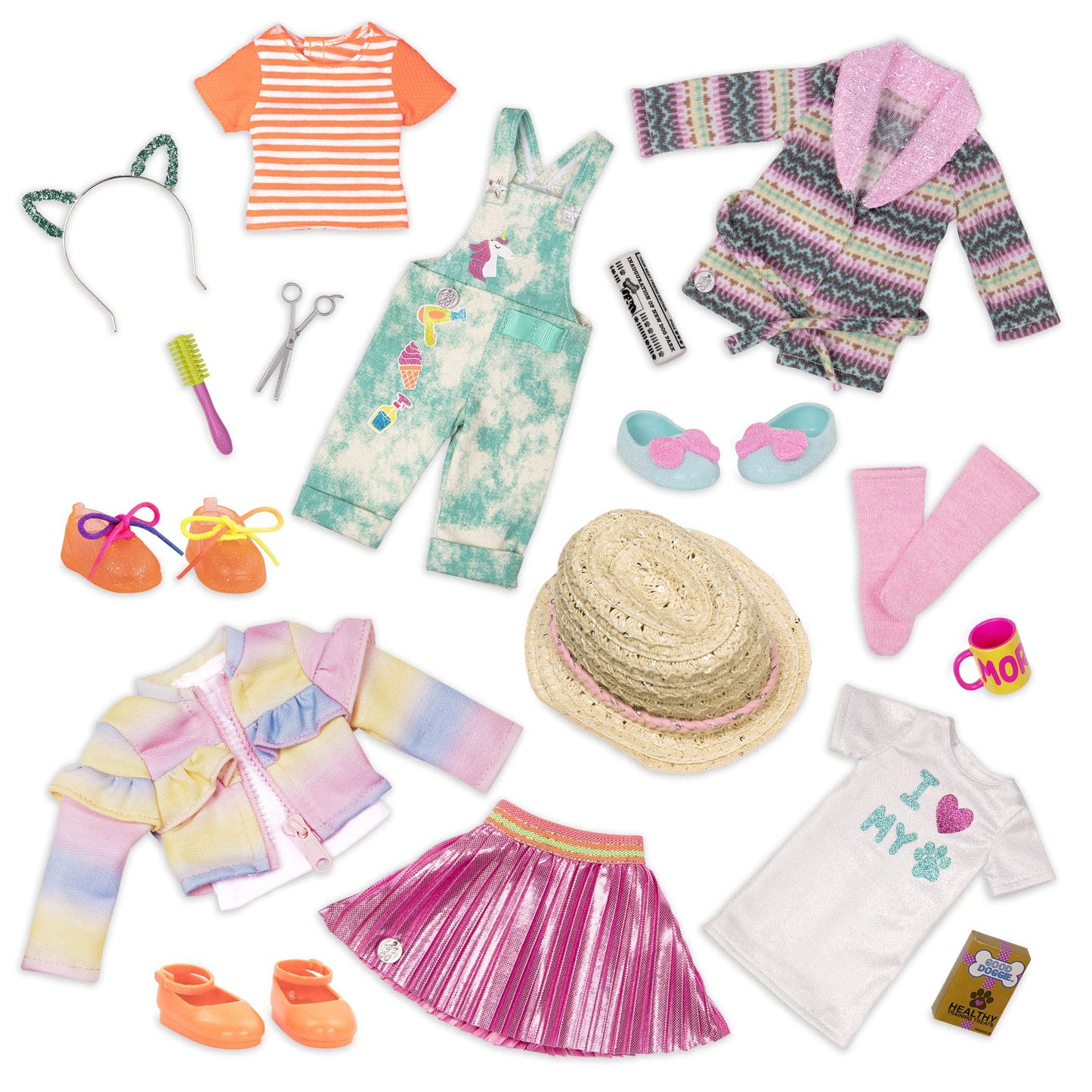 Glitter Girls – 14-Inch Doll Outfit Bundle – 3 Fashion Outfits – Rainbow Jacket, Cat – Ears, Sweater Dress – Clothes & Accessories – Fashion Pack – 3+ Years