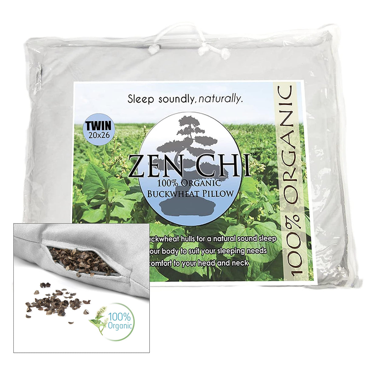 Buckwheat Pillow - Organic Twin Size (20"X26") w Natural Cooling Technology- All Cotton Cover - Keep Cool Effect Comfortable Sleep, Adjusts to Contours of Neck & Head