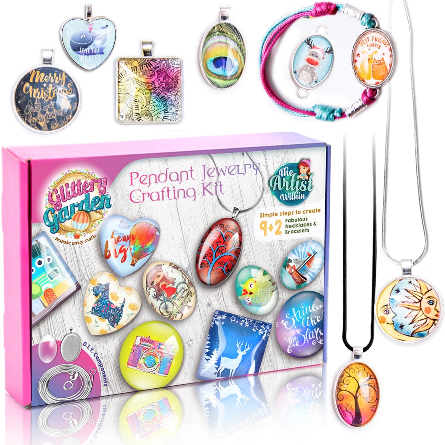 Girls Jewelry Making Kit. DIY Necklace Pendant and Bracelet Crafting Set with Glass Beads and Charms - Fashion Accessories Arts and Crafts Supplies. Great as Mother's Day Handmade Gift