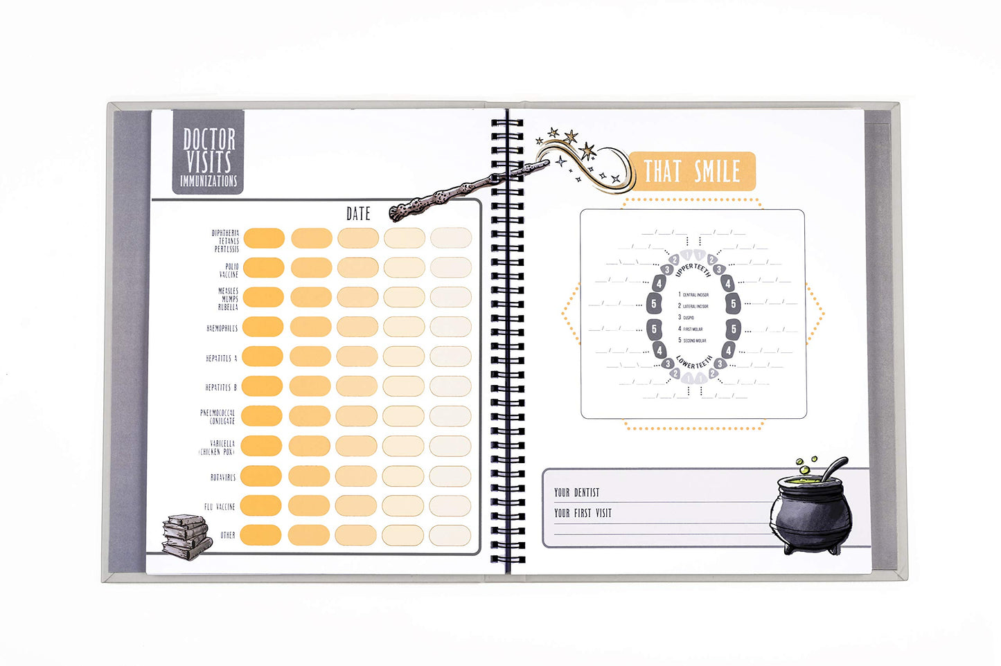 Conquest Journals Harry Potter Little Keeper Baby Album, Capture Magical Memories From Baby Shower Through Age 5, Grey Linen Cover With Lay Flat Spiral, 9" x 11 1/2", 66-Guided Journal Pages