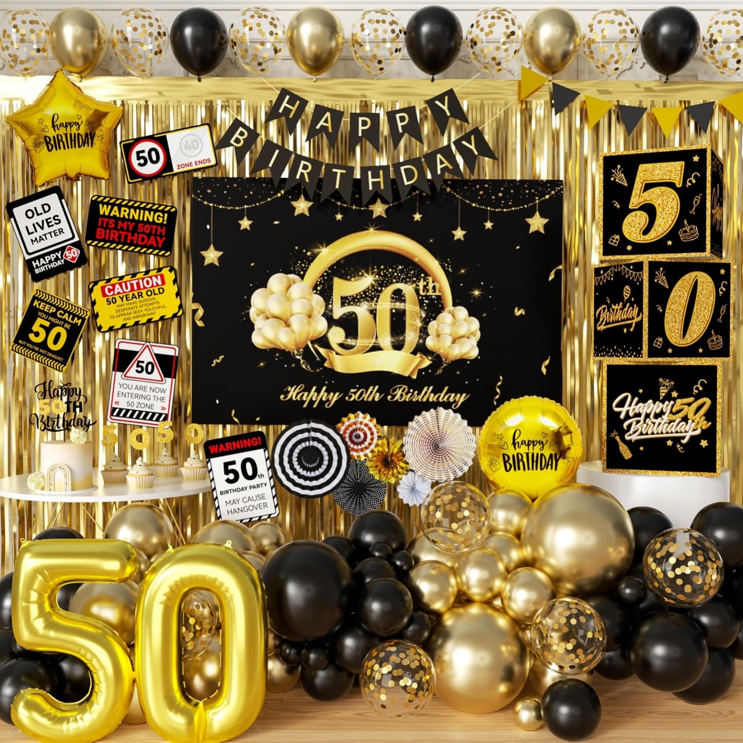 50th Birthday Party Decorations 50 Years Old Party Supplies Set for Men Women with Balloons Garland, 50th Backdrop, Birthday Banner, Foil Balloons and Curtains 100 pack