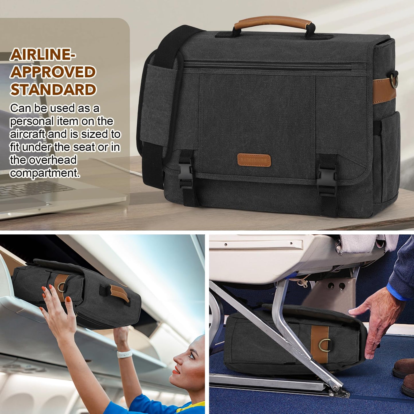 RAINSMORE Messenger Bag for Men 17-17.3 Inch Laptop Bag Canvas Briefcase Satchel Large Computer Shoulder Bag Men's Work Business Office Bag with Padded Compartment,Black