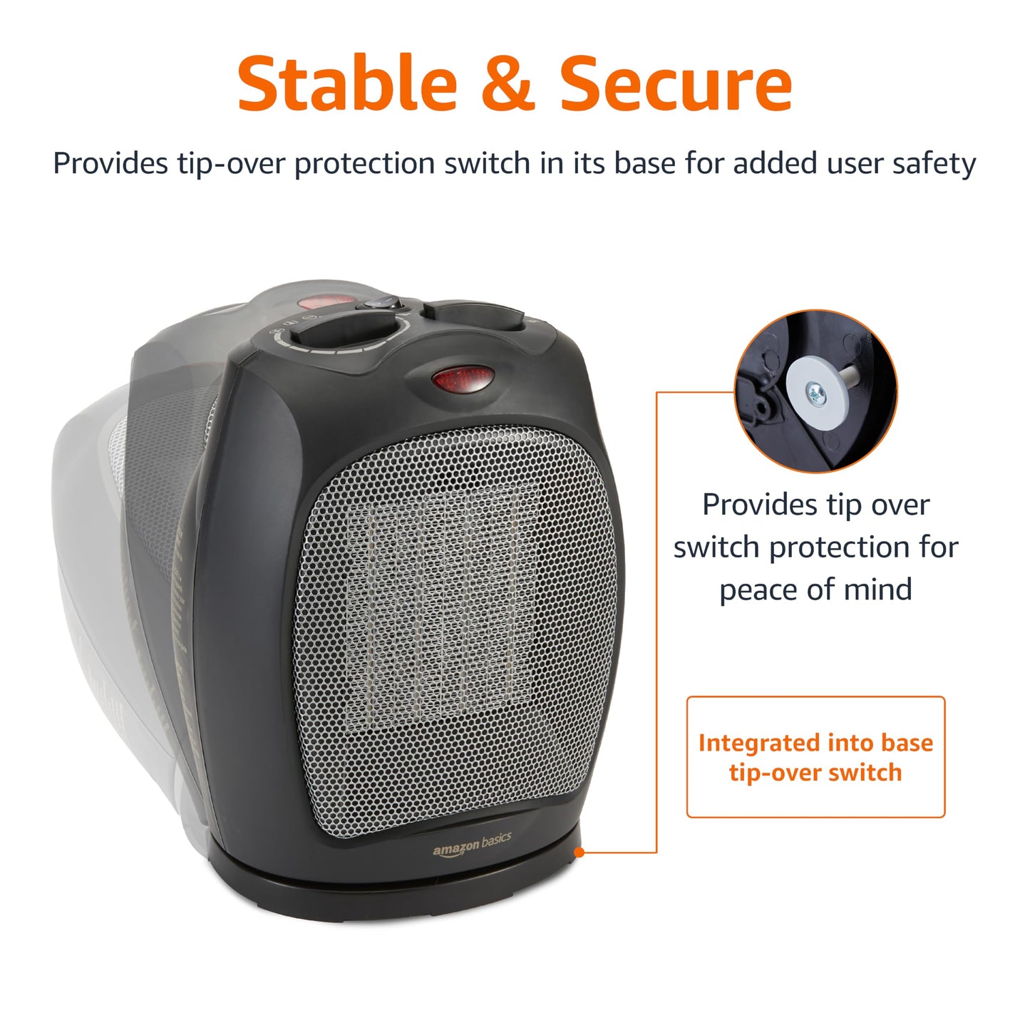 Amazon Basics Oscillating Ceramic Space Heater, Portable Heater for Indoor Use, for Office and Home, With Overheat and Tip-Over Protection, Thermostat, 1500W, Black, 7.52"D x 6.34"W x 9.45"H