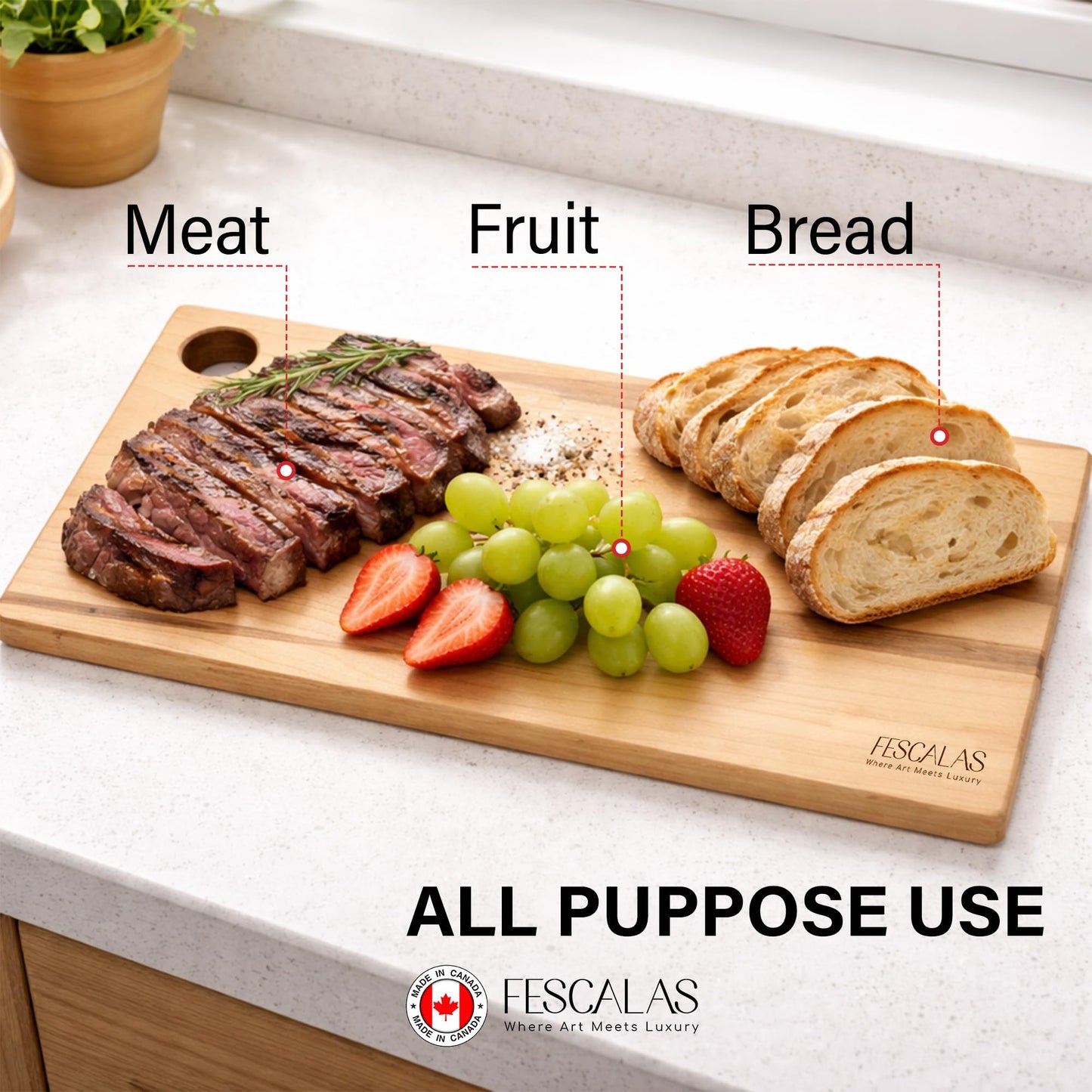 Fescalas Canadian Maple Handmade Cutting Board 15"x9" Butcher Block - Heavy Duty Hardwood Chopping Board for Kitchen - Made in Canada
