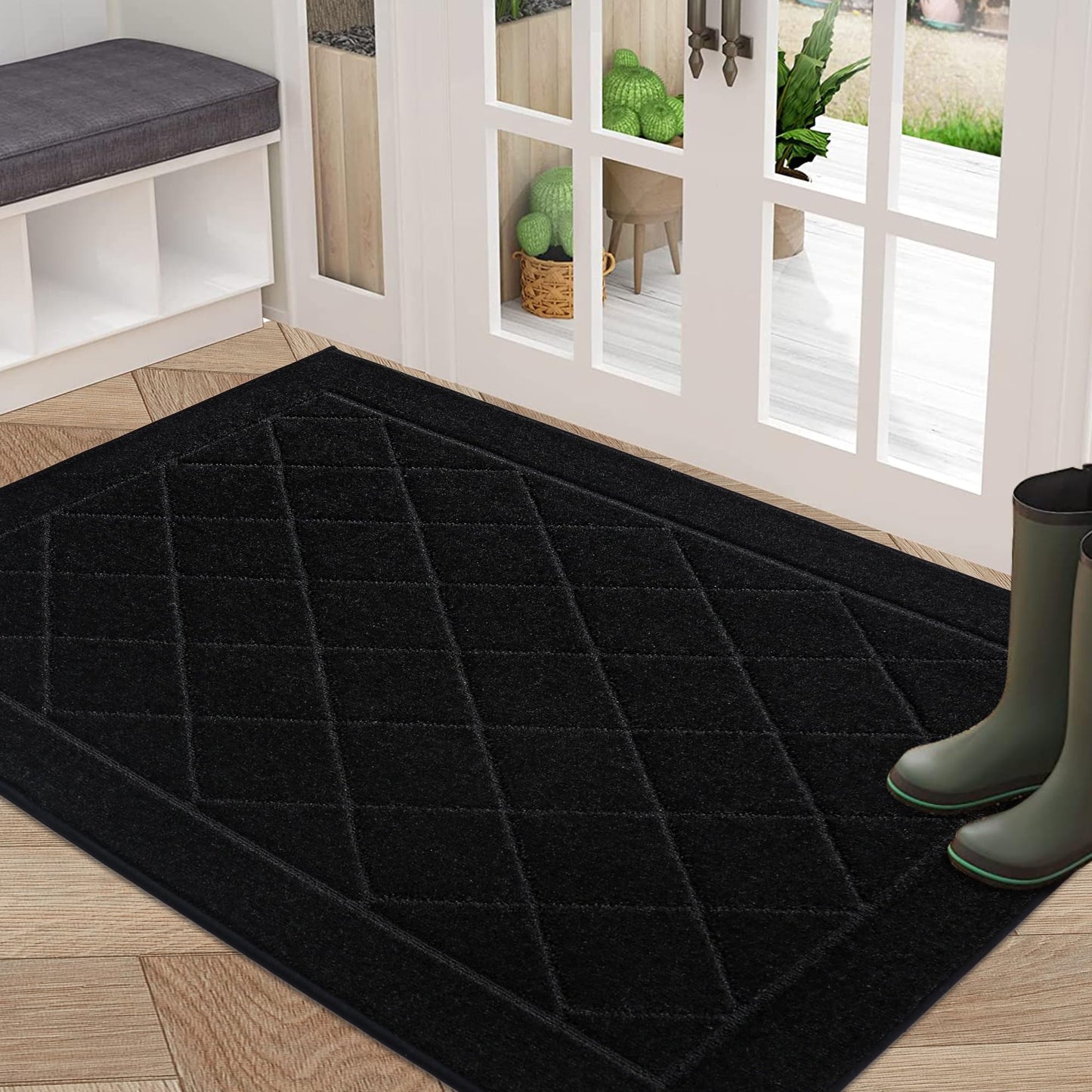 BEQHAUSE Dirt Trapper Door Mat 32" x 48", Non-Slip Doormat Washable Entryway Mat Dog Door Mat, Stain Resistant and Absorbent Welcome Mat for Front Back Door, Mud Wet Shoes & Paws, Black