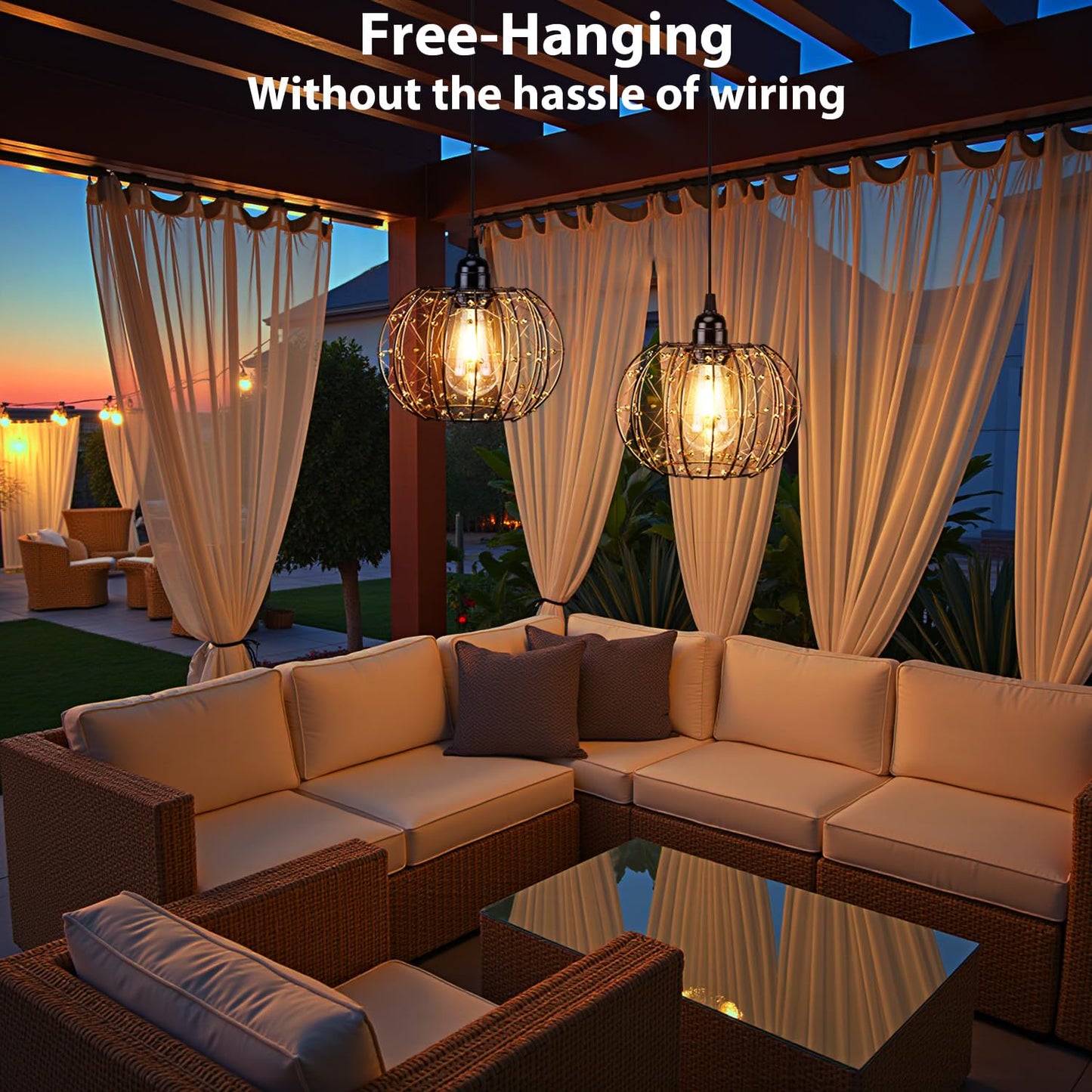 All Fortune Battery Operated Hanging Outdoor Chandelier, Battery Operated Gazebo Pendant Light Outdoor Waterproof, No Wiring, Powered by 4 AA Batteries, for Gazebo, Porch, Pergola, Decor Lighting (2)