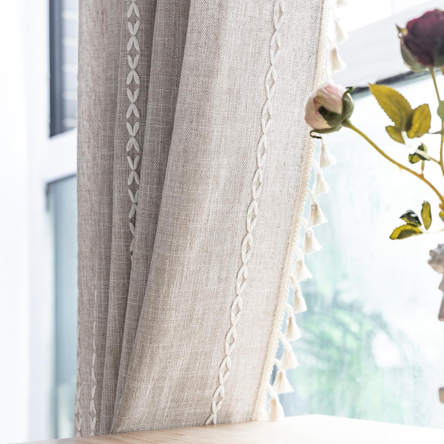 Boho Curtains with Tassel,Bohemian Curtains for Bedroom Living Room,Linen Semi Blackout Window Curtain Farmhouse Curtains Home Decor (Beige, 52" W x 84" L 1 Panel)