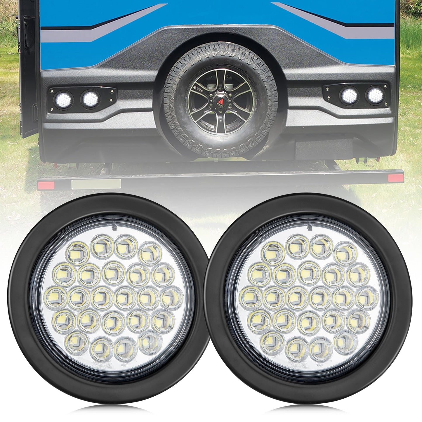 Oyviny 4 Inch 24LED White LED Trailer Tail Light, Round Trailer Stop Turn Tail Backup Reverse Light IP65 Super Bright W/Reflector Bowl 12V DC for Trailer, Bus, Trucks, 2PCS