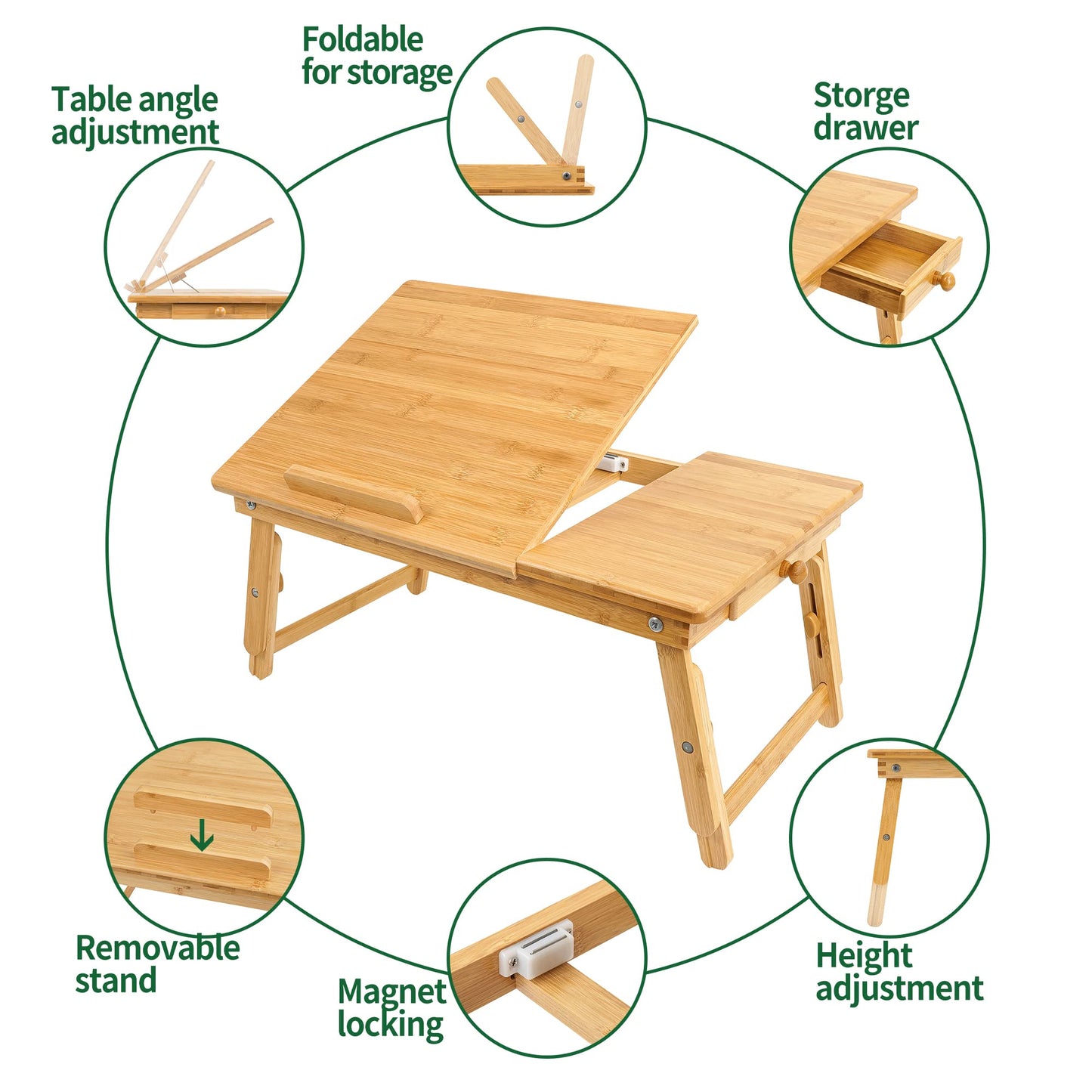Utoplike Bamboo Laptop Desk for Bed, Tilting Top Bed Serving Tray, Breakfast Table Ajustable Height, Fodable Legs, Storage Drawer, Lap Stand for Reading, Writing, Eating