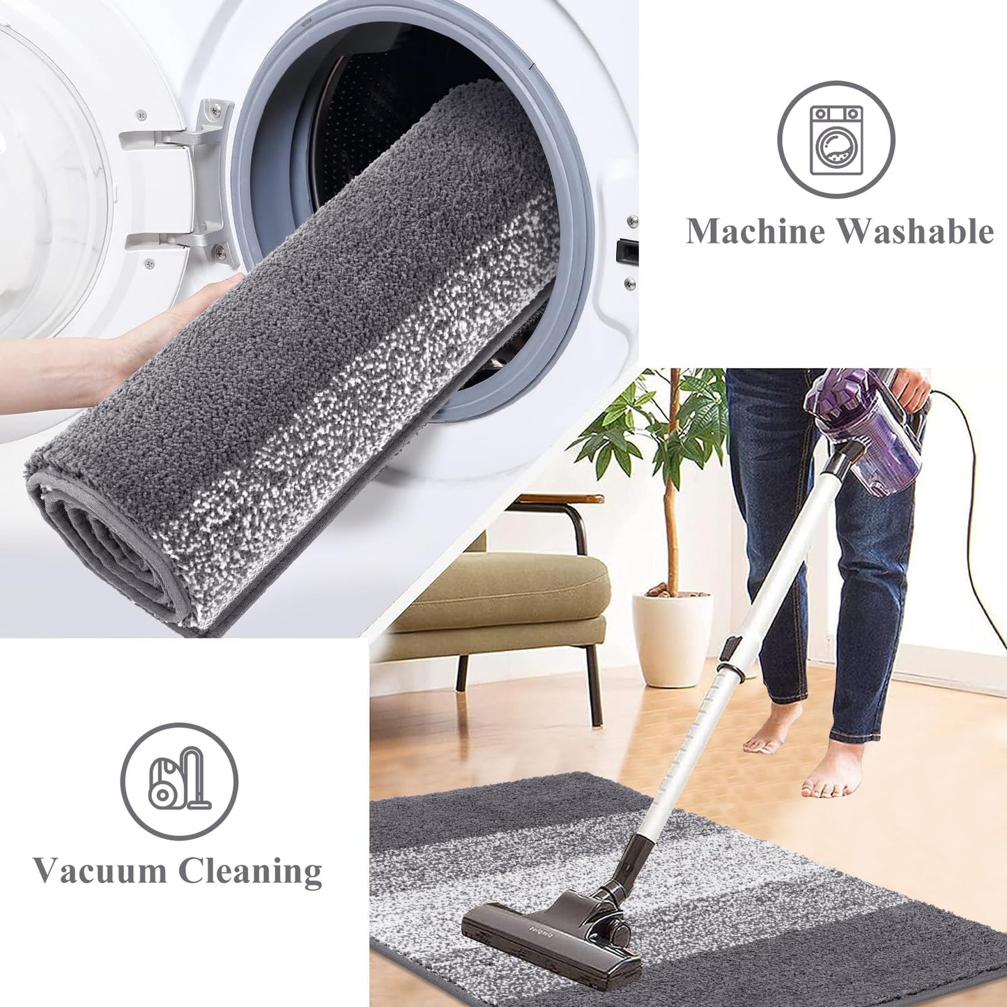 Vaukki Luxury Soft Bathroom Rugs Set of 2, Non Slip Washable Plush Bath Floor Mats, Microfiber Shaggy Absorbent Striped Bath Carpet for Tub, Bathroom and Shower (18''x26''+20''x32'', Grey)
