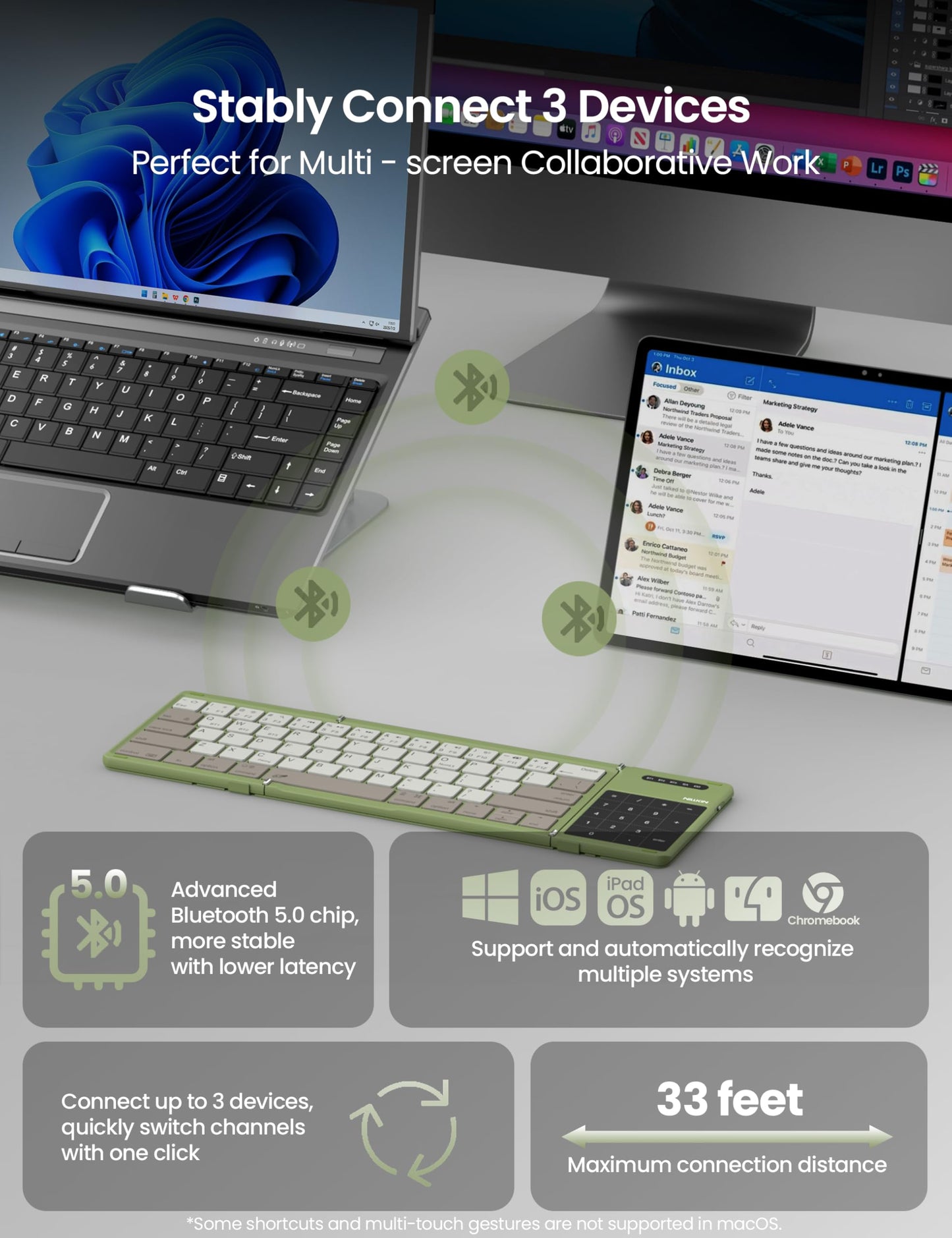 Nillkin Foldable Keyborad with Touchpad & Number Pad, Bluetooth Keyboard with Trackpad, Folding Wireless Portable Keyboard for PC Laptop iPad Tablets Smartphone, Silicone Leather Cover, Black