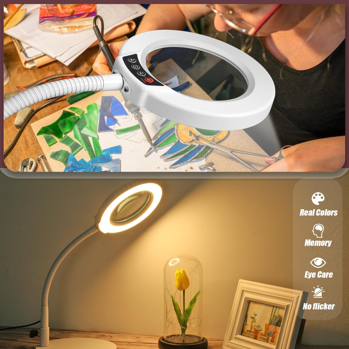12X Magnifying Glass with Light and Stand, 5 Color Modes Stepless Dimmable LED Desk Lamp, Hands-Free Flexible Gooseneck Lighted Magnifier for Close Work Craft Hobby Painting Sewing - White
