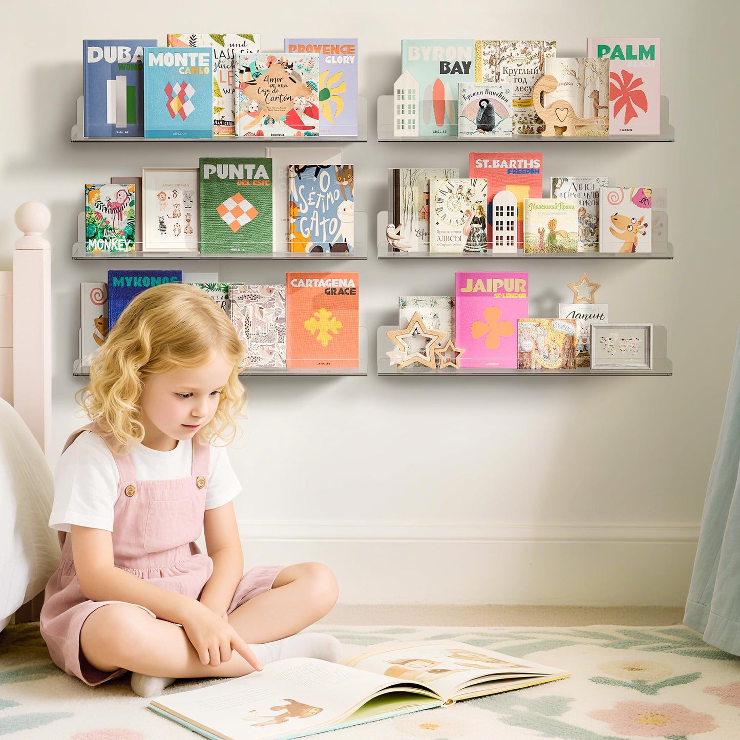 upsimples Clear Acrylic Shelves for Wall Storage, 15" Acrylic Floating Shelves Wall Mounted, Kids Bookshelf, Display Ledge for Bedroom, Living Room, Bathroom, Kitchen (6)