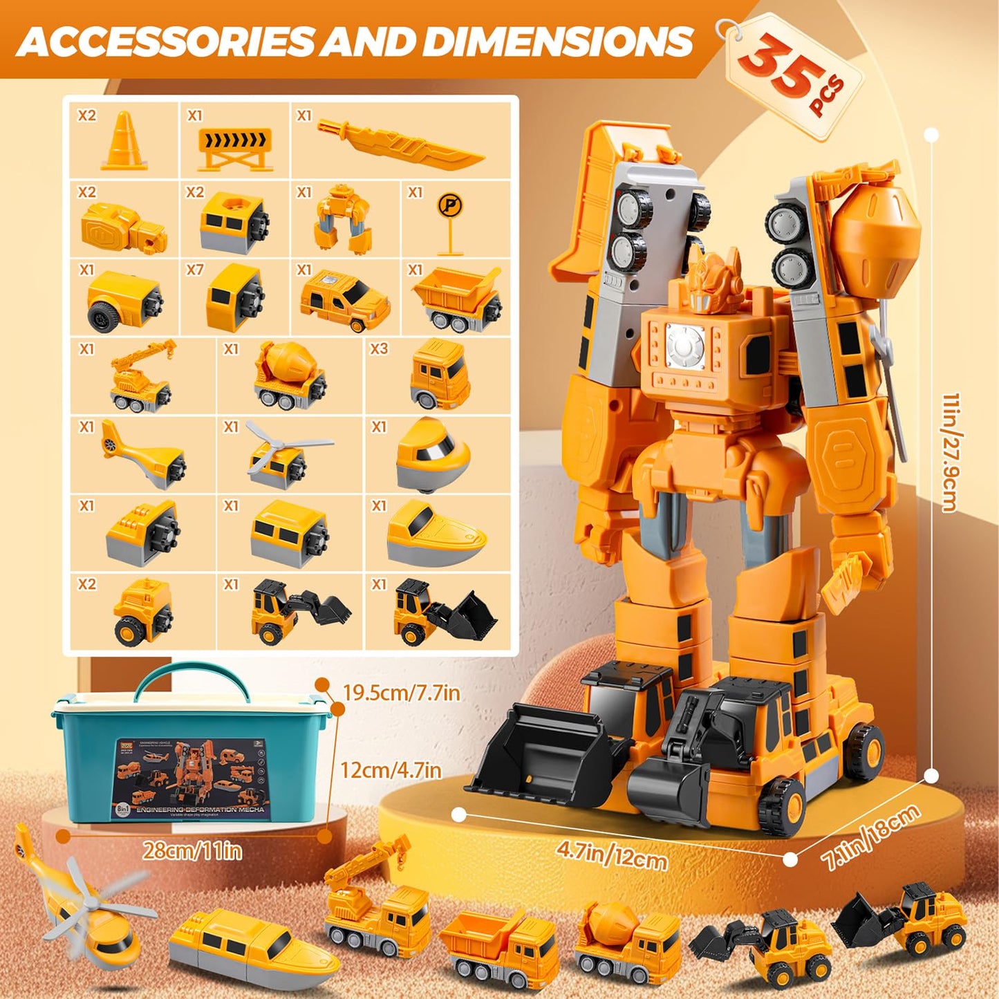 SJYN Magnetic Transform Engineering Car Assembled Toys with Storage Box, Toys for Toddlers Kids Magnetic Blocks, Construction Vehicle Magnetic Building Sets Ages 3-8 (35 Pieces)