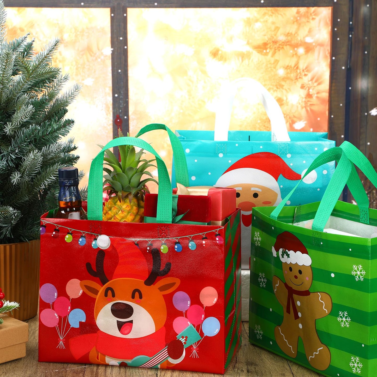 Abbylike 100 Pack Large Christmas Gift Bags Bulk Reusable Christmas Tote Bags with Handles Non Woven Shopping Baskets for Xmas Party Supplies, 12.8 x 9.8 x 6.7 Inch