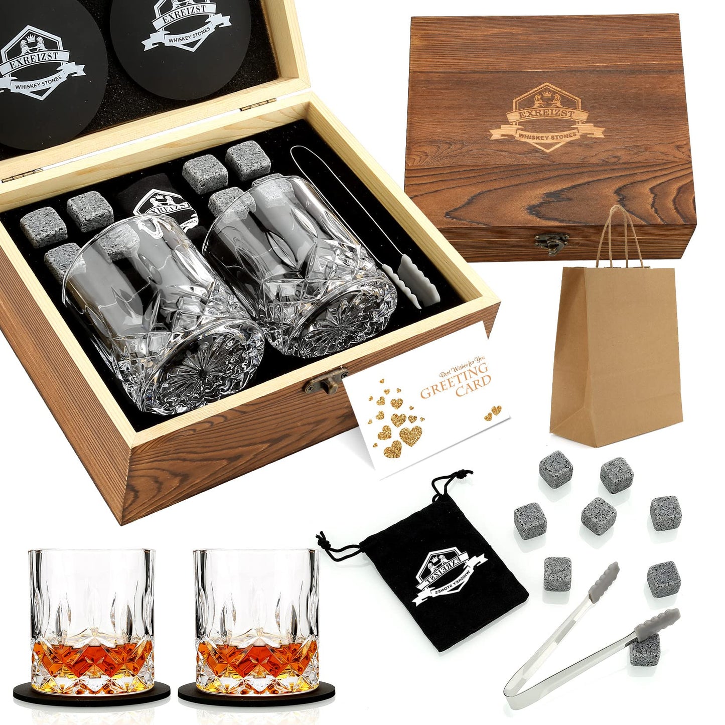 Whiskey Stones Glass Gifts for Men - Bourbon Scotch Whiskey Glasses Set of 2 - Granite Chilling Rocks in Premium Wooden Box - Best Drinking Father's Day Birthday Gifts for Men Him Dad Husband Boss