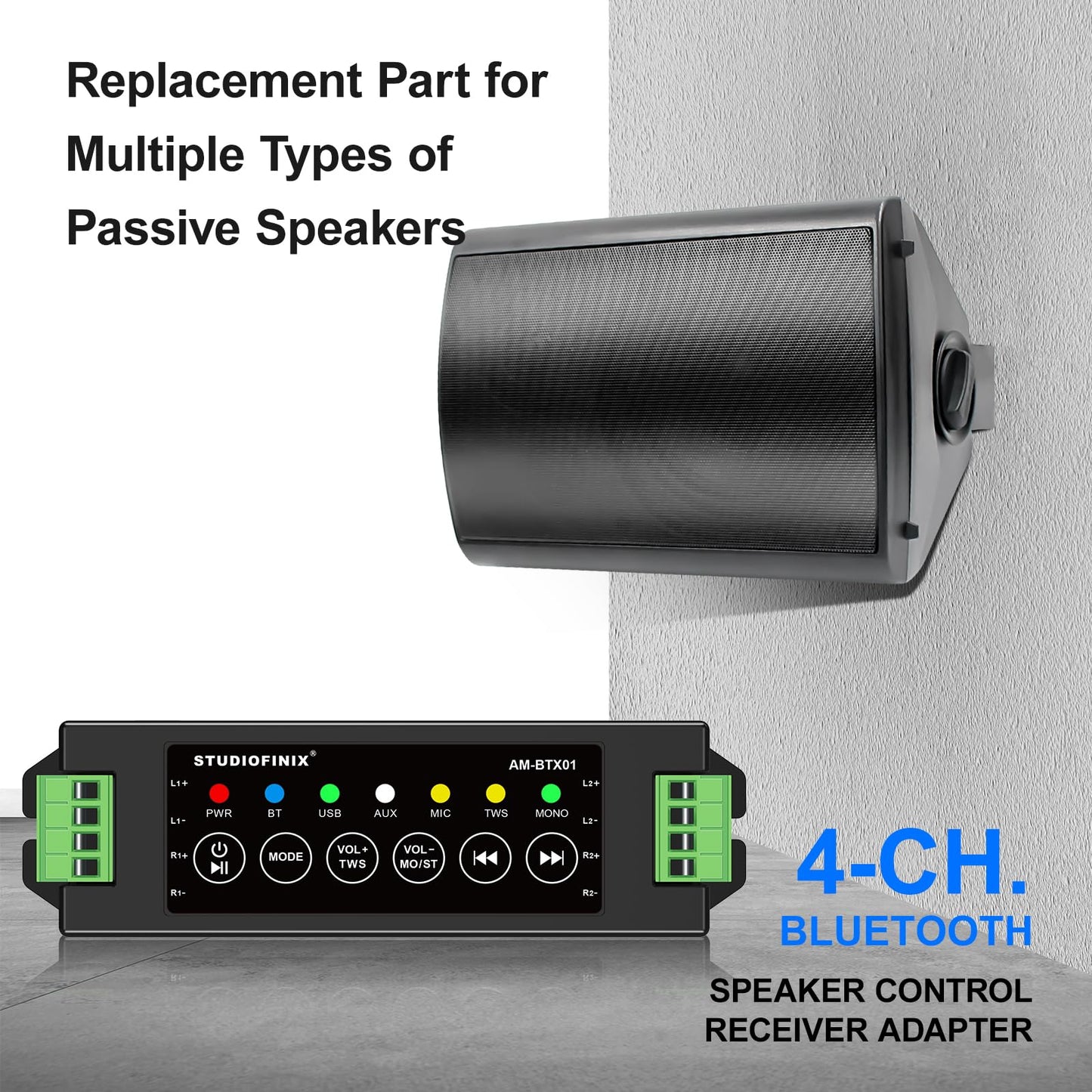 STUODIOFINIX 4-Channel Mini Bluetooth Amplifier 120w for Passive Speakers with TWS,AUX,MIC,USB,Replacement Part,Suitable for Wall/Ceiling/Marine/Bookshelf Speakers