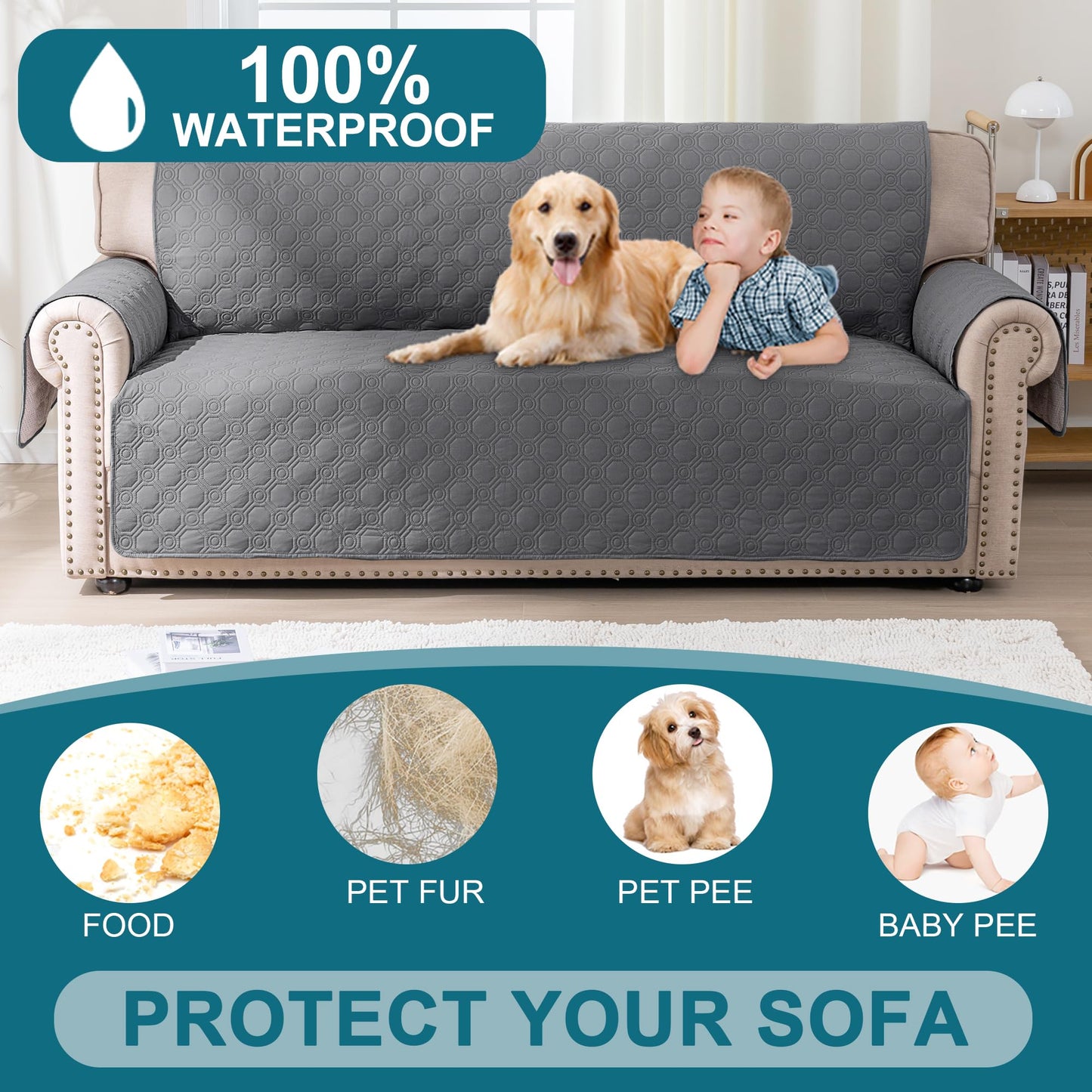 Turquoize 100% Waterproof Sofa Cover 4 Seater Triple Non-Slip Couch Cover Sofa 4 Seater Pet Friendly Sofa Slipcover Furniture Protector for Pets, Dogs, Kids (XL Large 78", Grey)