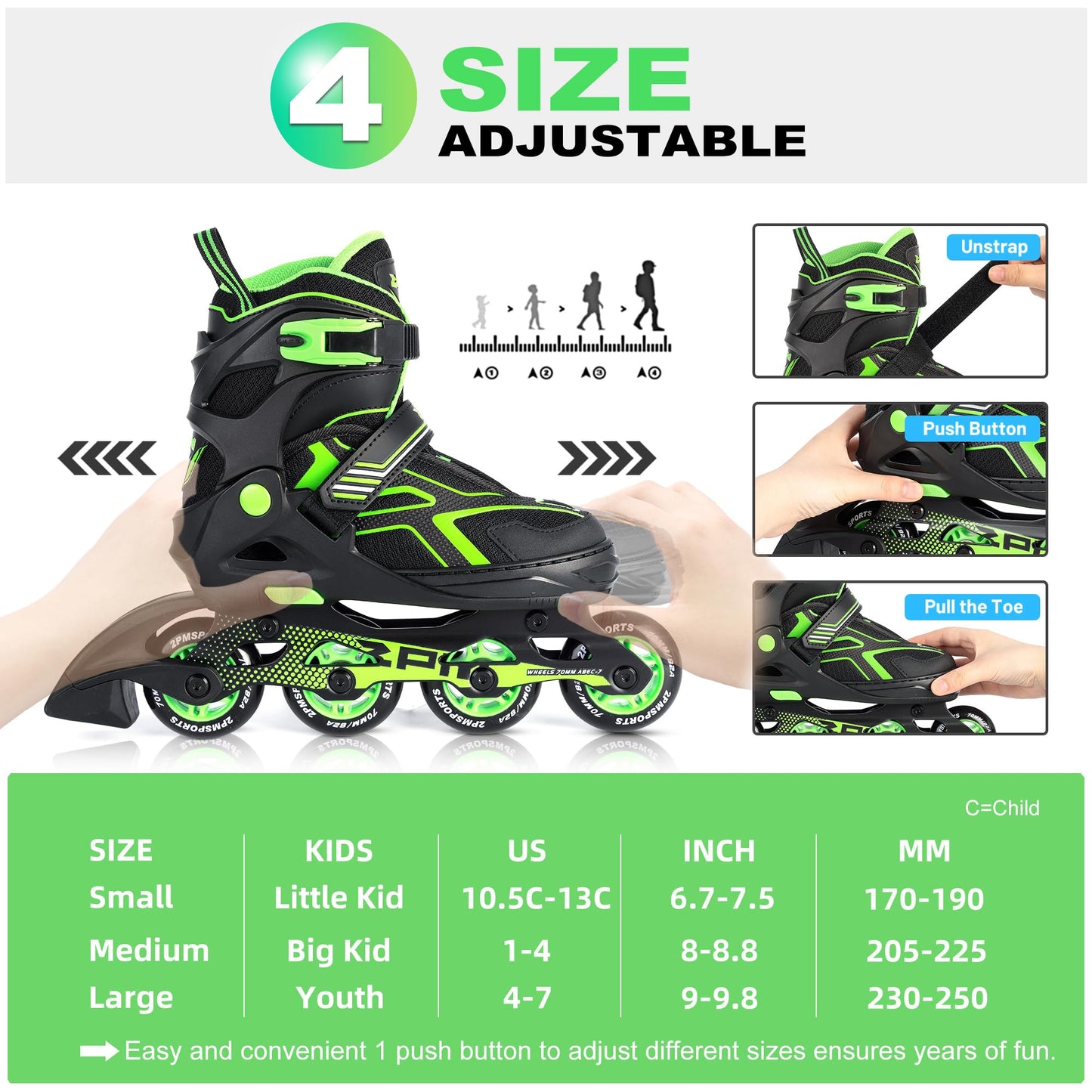 2PM SPORTS Torinx Green Black Boys Adjustable Inline Skates, Fun Roller for Kids, Beginner Roller Skates for Girls, Men and Ladies - Green Medium