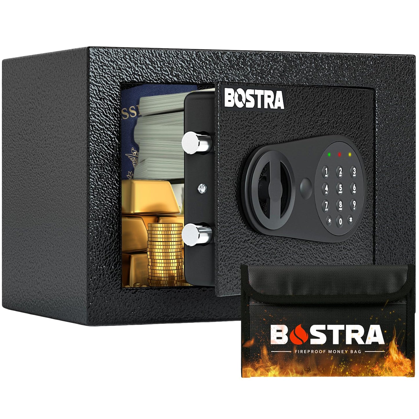 Bostra Fireproof Safe Box with Sensor Light & Fireproof Bag, Money Safe Box with Digital Keypad,Security Safe Box for Home, 0.23 Cubic Small Safe with Keys & Pass Code for Cash Jewelry Black