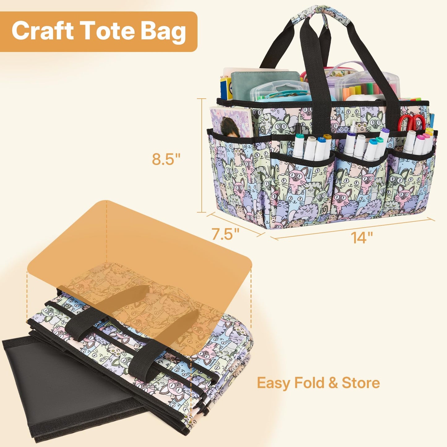 JOSIVIKY Craft Organizer Tote Bag, Art Caddy Bag with Multiple Pockets, Sewing Bags for Scrapbooking, School, Home and Office Supplies (Cat)