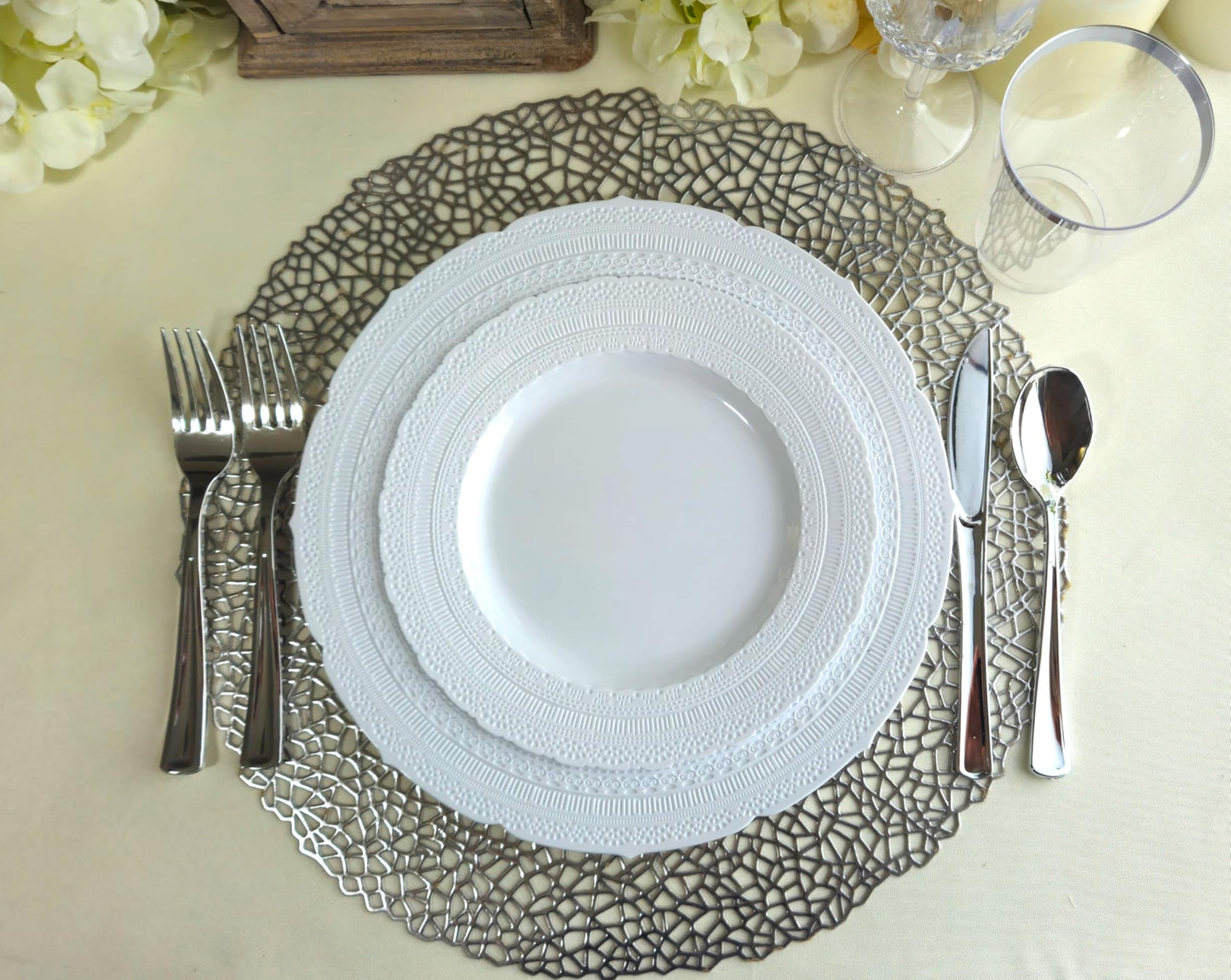 " OCCASIONS" 50 piece (25 guest) Extra Heavyweight Vintage Wedding Disposable/Reusable Plastic Plates (25 x 11'' dinner + 25 x 8.25'' salad/dessert) Chateau Collection in White