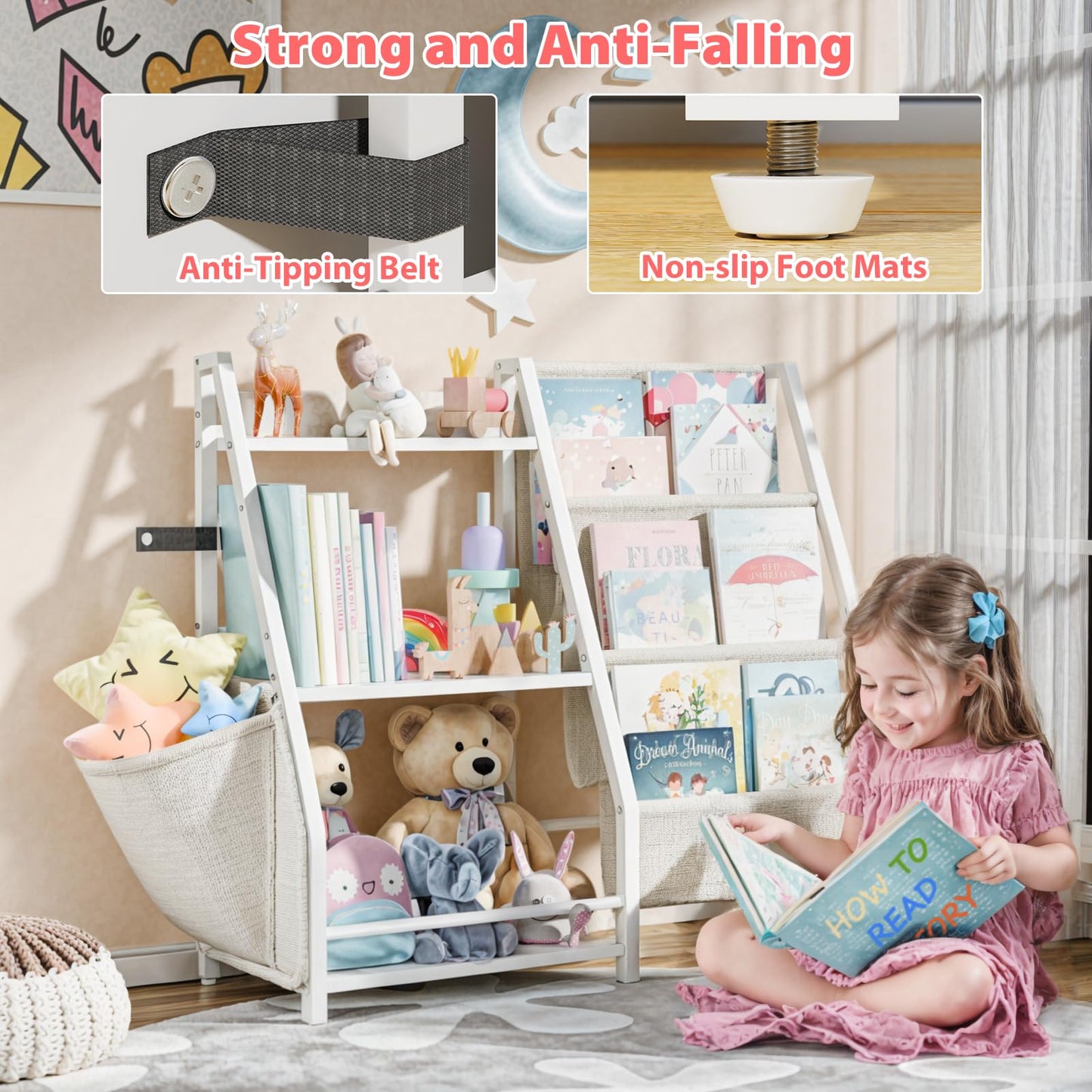 LATIBELL 3 Tier Kids Bookshelf and Toy Storage, Book Sling Shelf, Montessori Baby Toddler Bookshelf for Kids Bookcase, Toy Storage Organizer, for Playroom, Bedroom, Nursery (White)