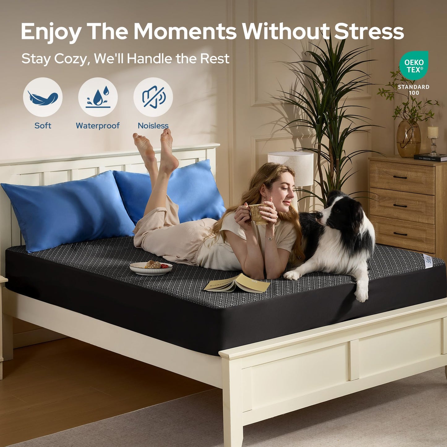 Queen Mattress Protector, Waterproof Noiseless Mattress Cover with Deep Pocket for 6-18 inches Mattress, Soft & Breathable Mattress Pad Machine Washable (Dark Gray)