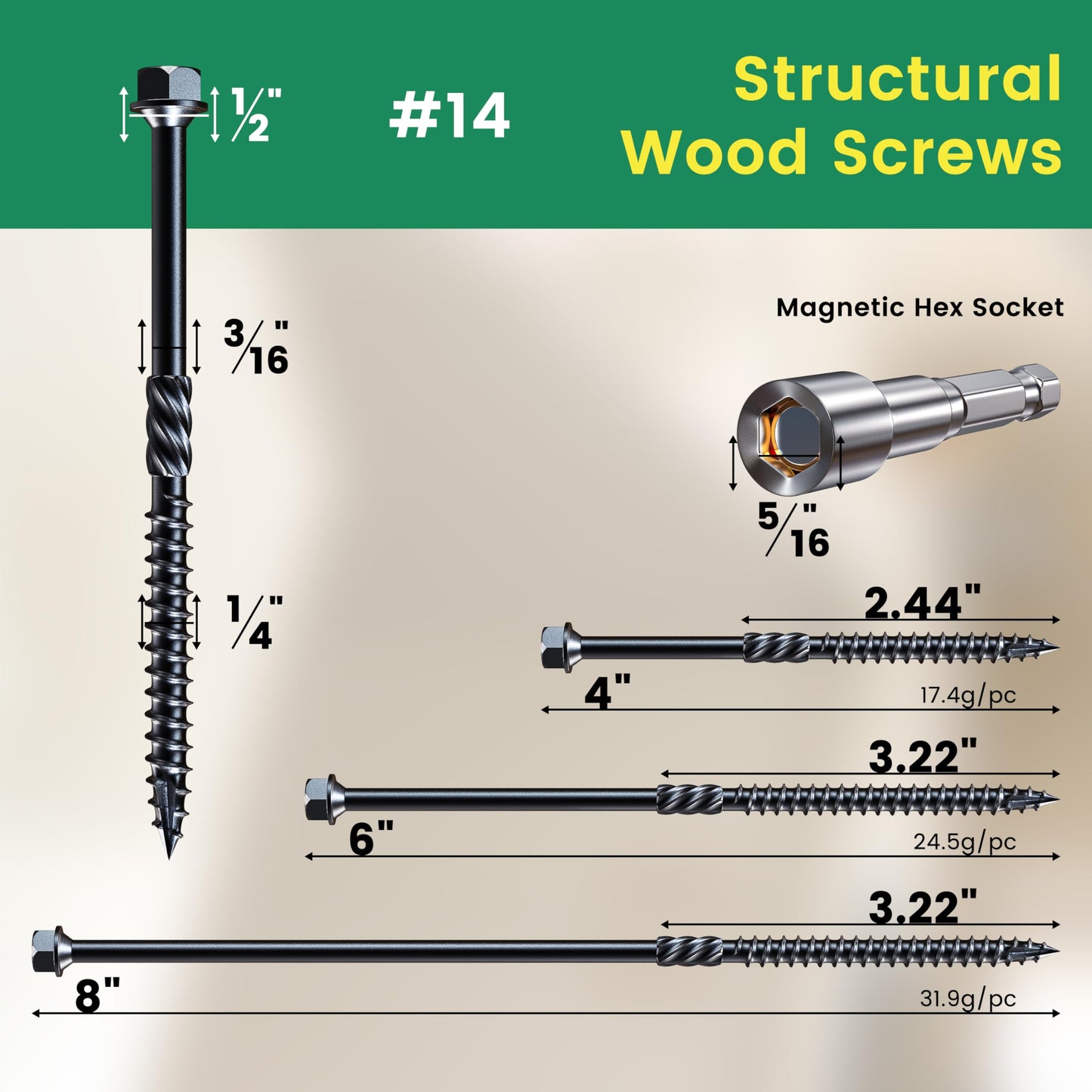 #14 x 6 Wood Structural Screws 50 Pcs, Exterior Hex-Head Lag Screws, Black Heavy Duty Construction Timber Log Landscaping Wood Screws, Hex Socket Included