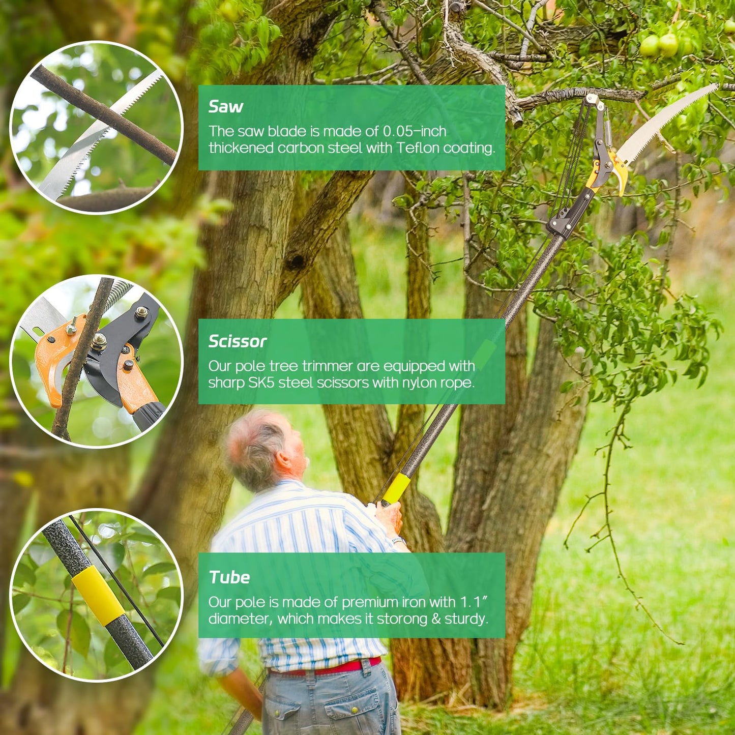 Pruning Pole Saws for Tree Trimming 12 Ft, Manual Tree Trimmer Long Handle Pruner, Tree Pruner with Extendable Pole, Trimmer Pole Saw Tree Pruner with Sharp Steel Blade for High Branches Trimming