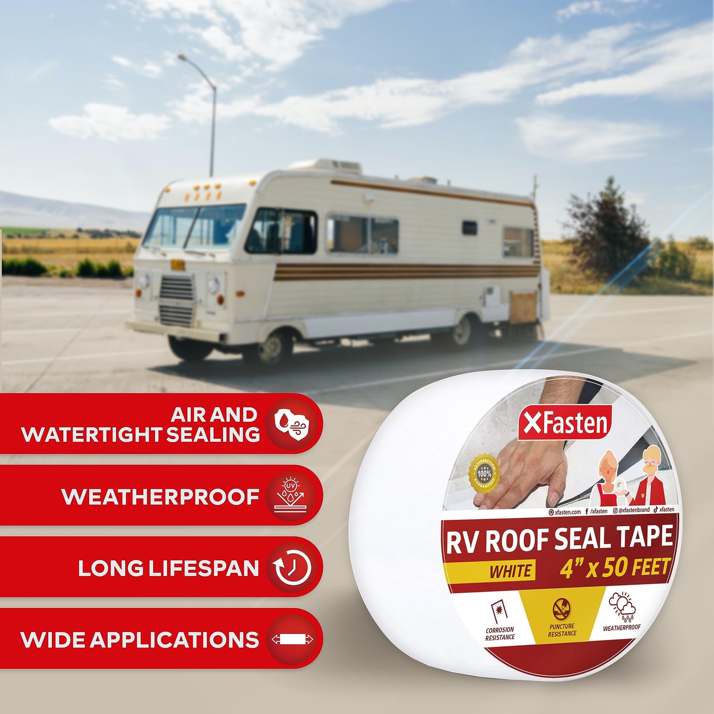 XFasten RV Repair Tape, White, 4-Inches by 50-Foot, Weatherproof RV Rubber Roof Patch Tape for RV Repair, Window, Vent, Boat Sealing, and Camper Roof Leaks