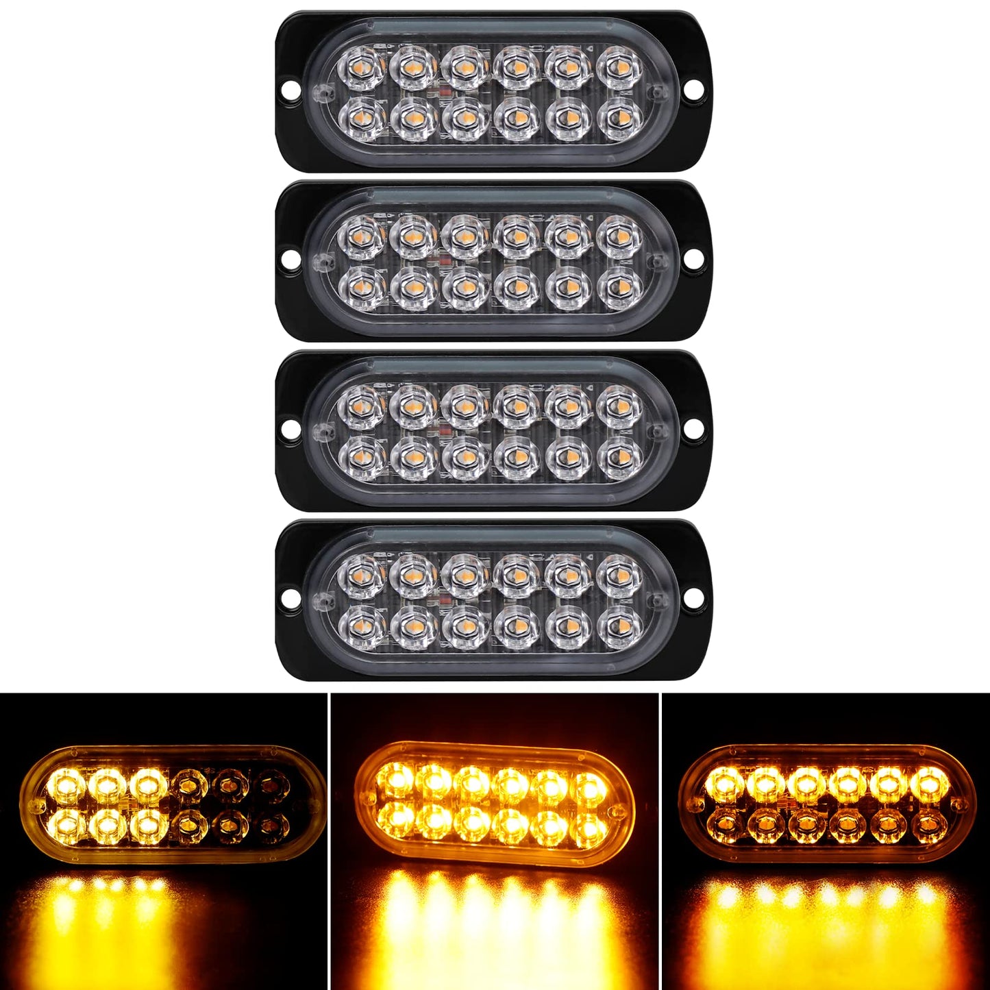4-Pack 12 LED Amber Strobe Lights Vehicles Trucks Emergency Strobe Lights Kit 12V -24V Beacon Warning Hazard Flash Strobe Lights Bar Grill Grille Surface Mount Super Bright Waterproof, Amber