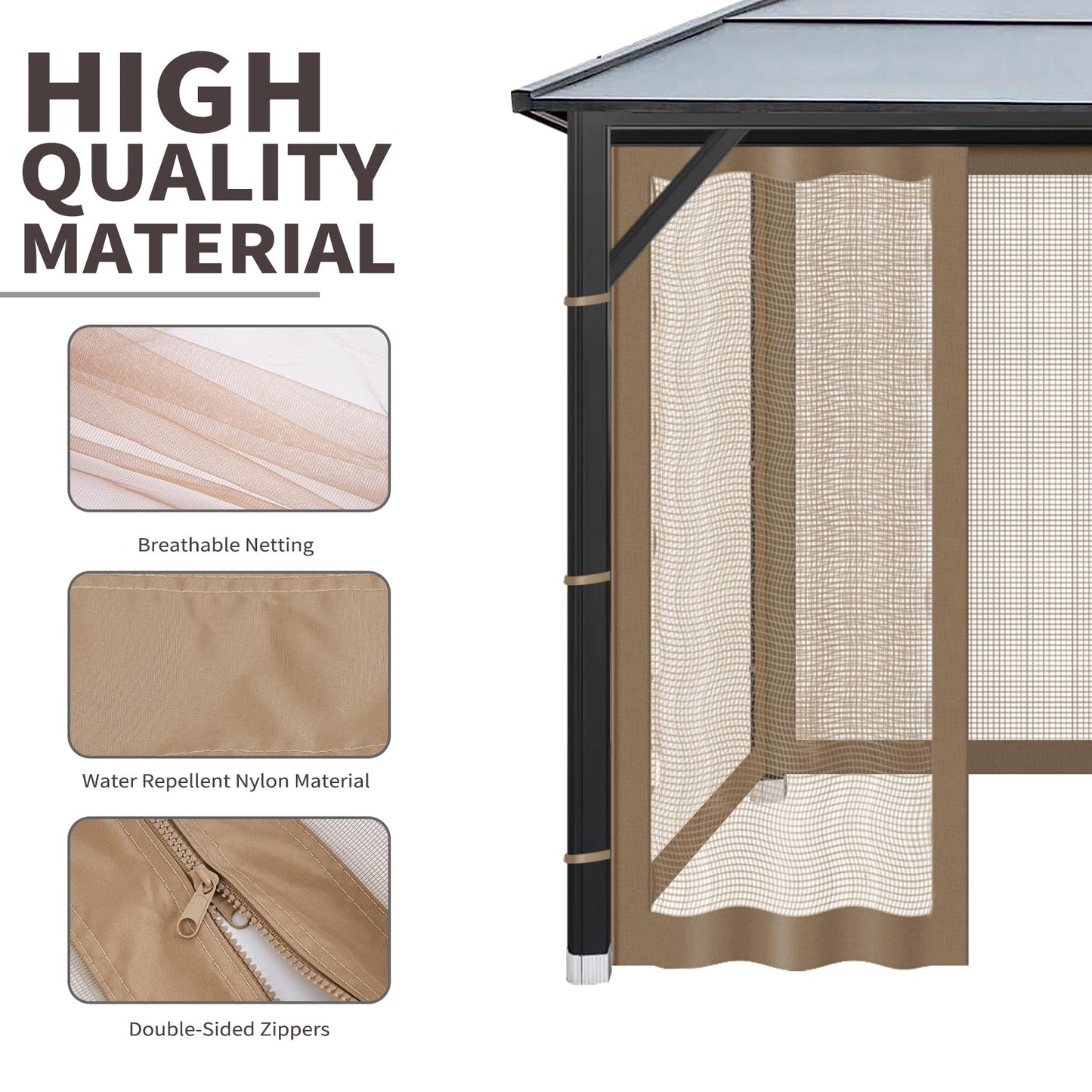 OIPUNSHLE Gazebo Universal Replacement Mosquito Netting, 10'x12' Gazebo Netting Outdoor, 4-Panel Screen Walls for Outdoor Patio with Zipper (Mosquito Net Only) (Brown)