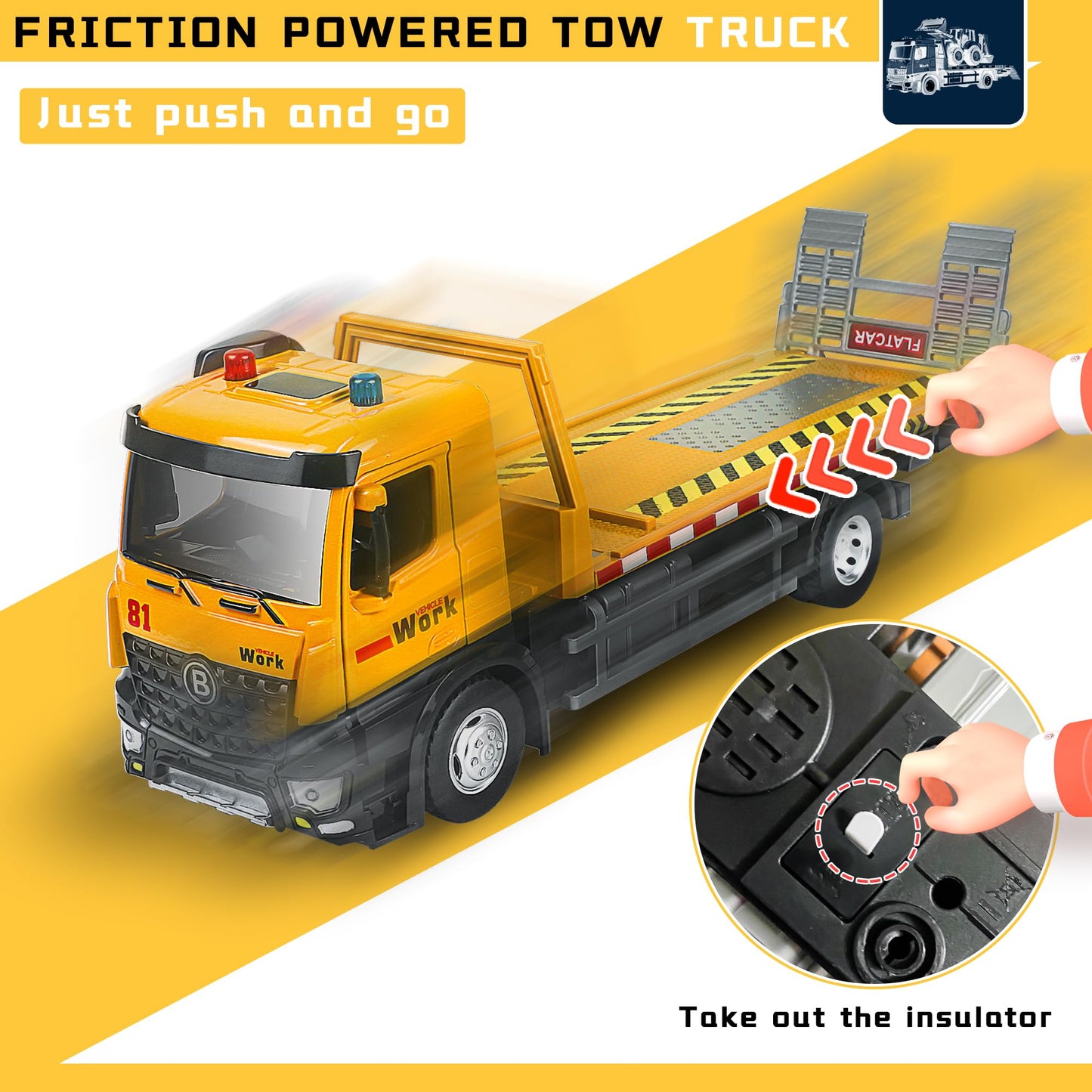 ID Gerilla Tow Truck Toy Metal Cab, Flatbed Tow Truck Toys for Boys Age 3-5 with Backhoe Loader, Friction Powered Transport Trailers with Lights, Sounds, Construction Vehicles for Kids Birthday